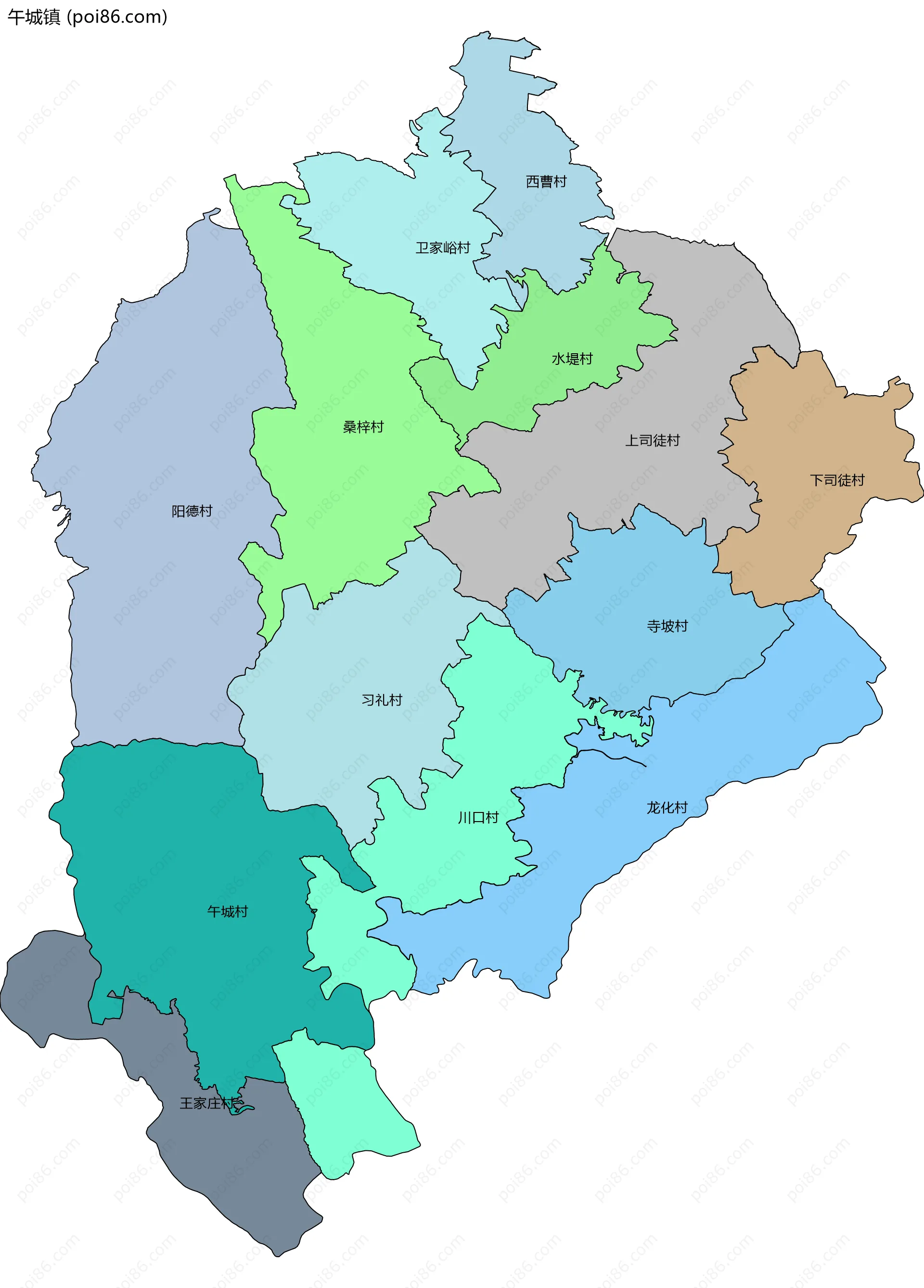 午城镇边界地图(五级行政区划)