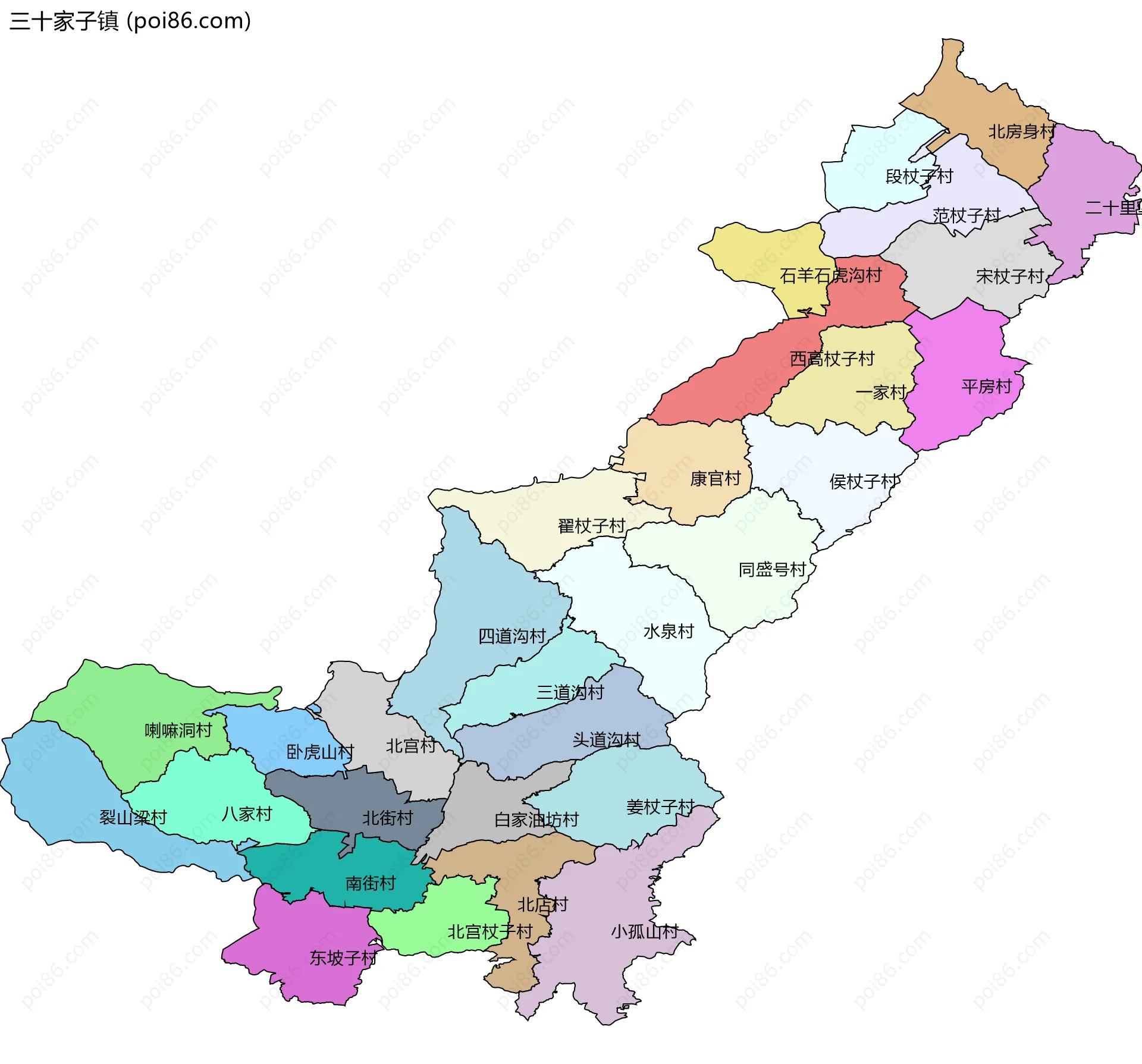 三十家子镇边界地图(五级行政区划)