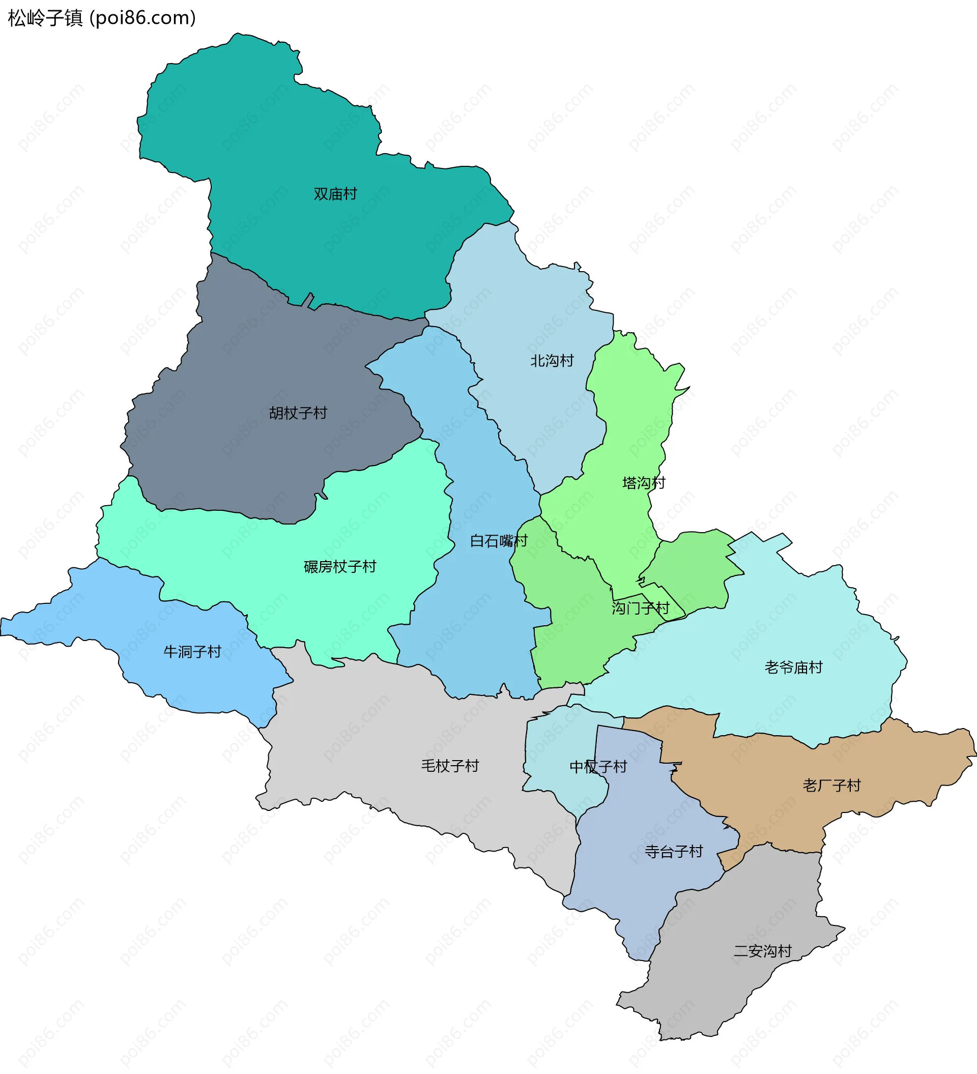 松岭子镇边界地图(五级行政区划)