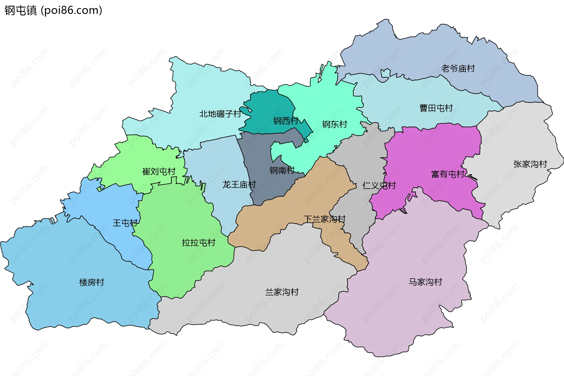 钢屯镇边界地图(五级行政区划)