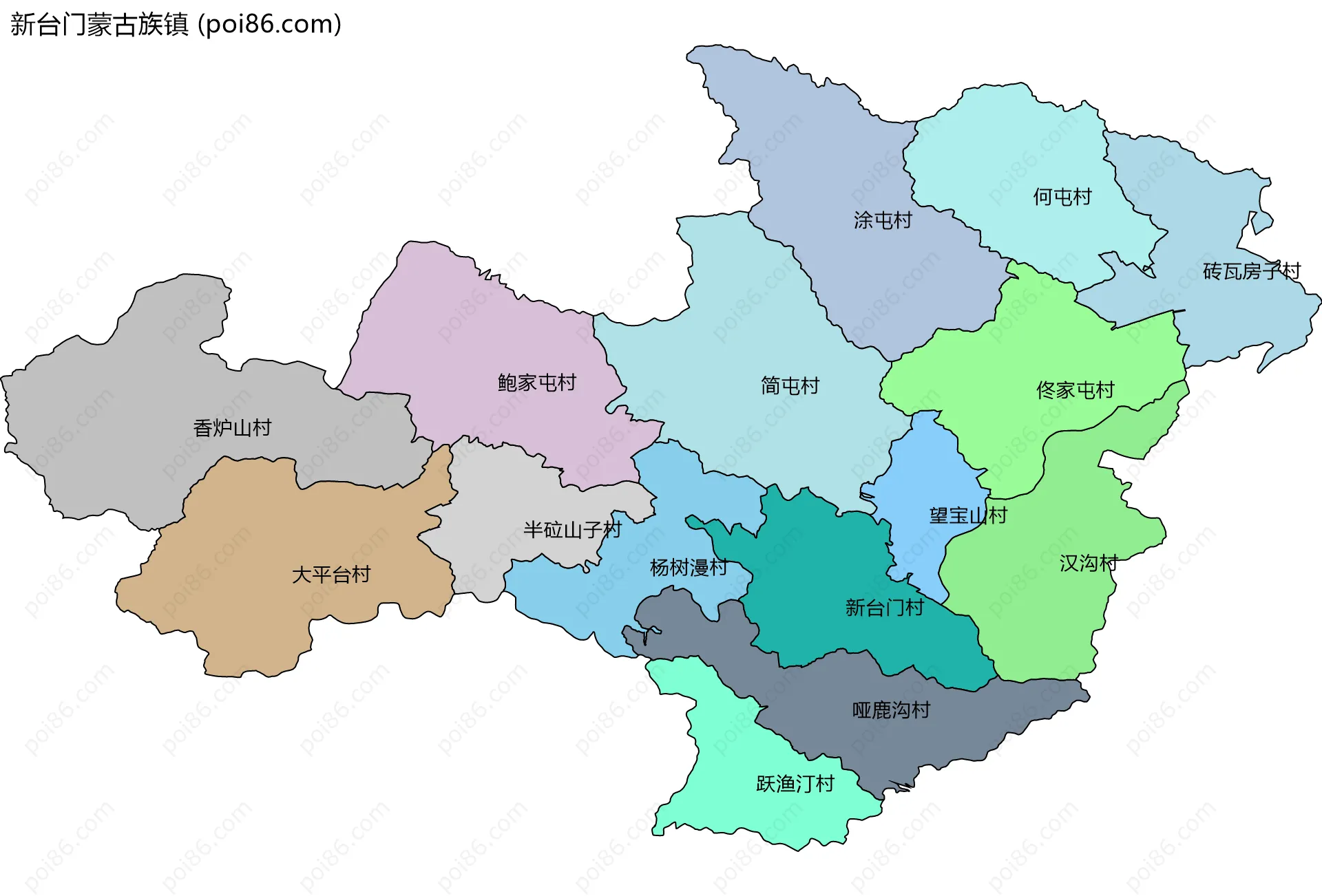 新台门蒙古族镇边界地图(五级行政区划)