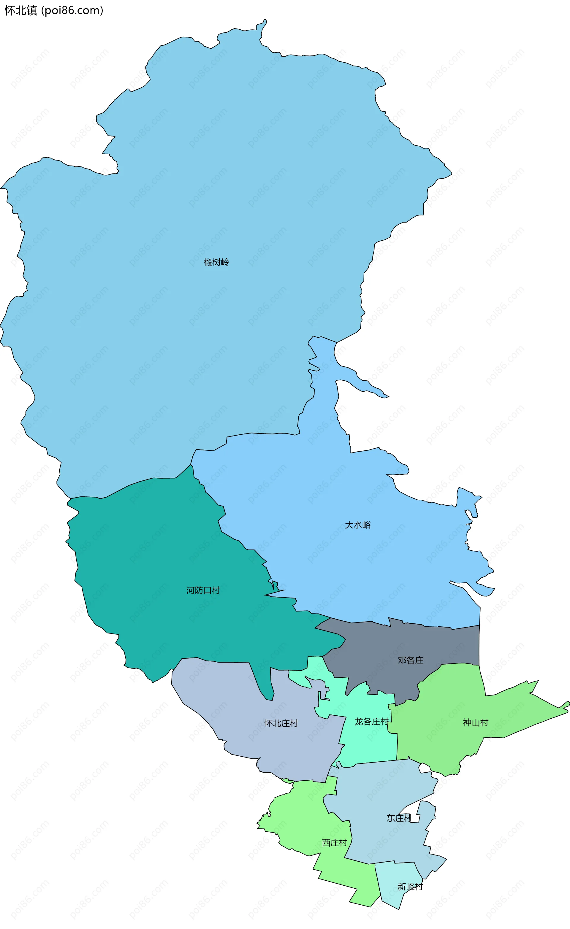 怀北镇边界地图(五级行政区划)