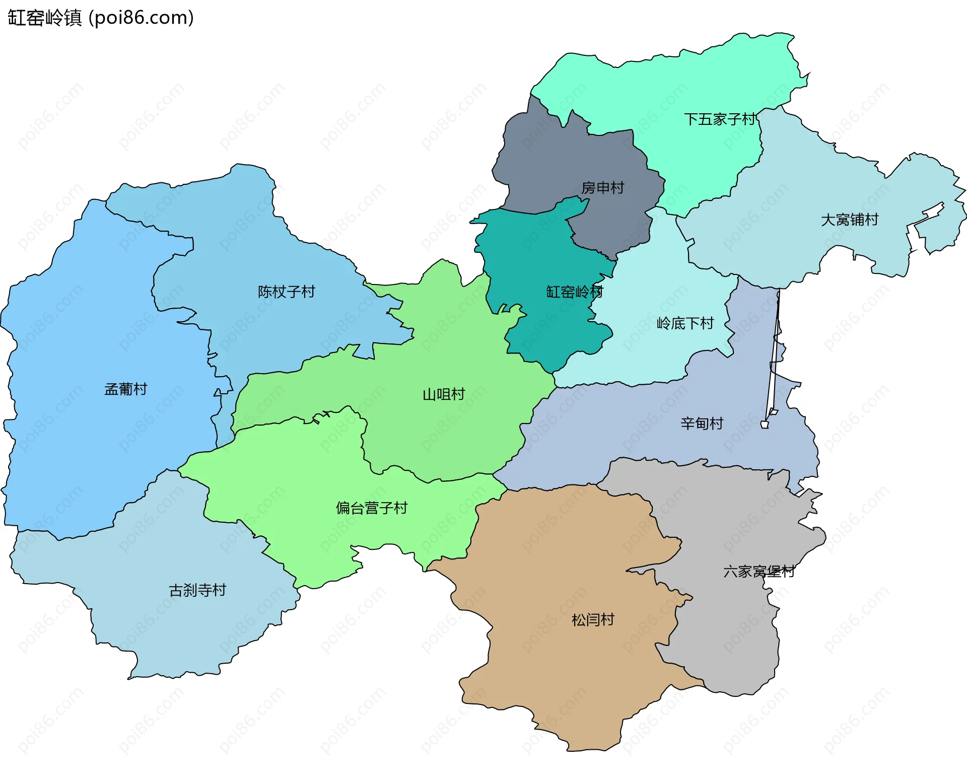 缸窑岭镇边界地图(五级行政区划)