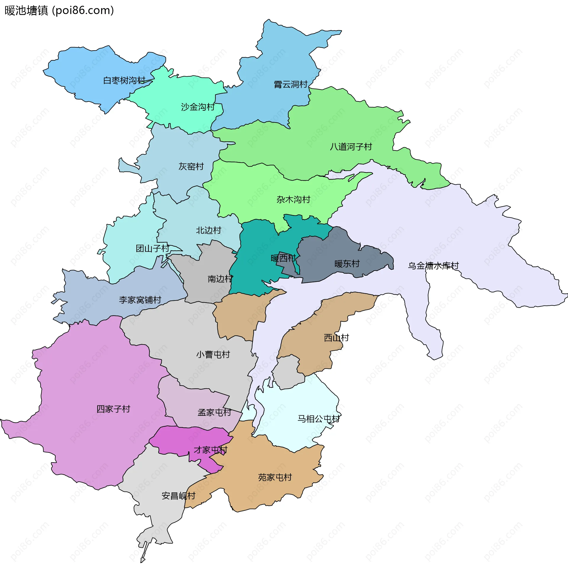 暖池塘镇边界地图(五级行政区划)