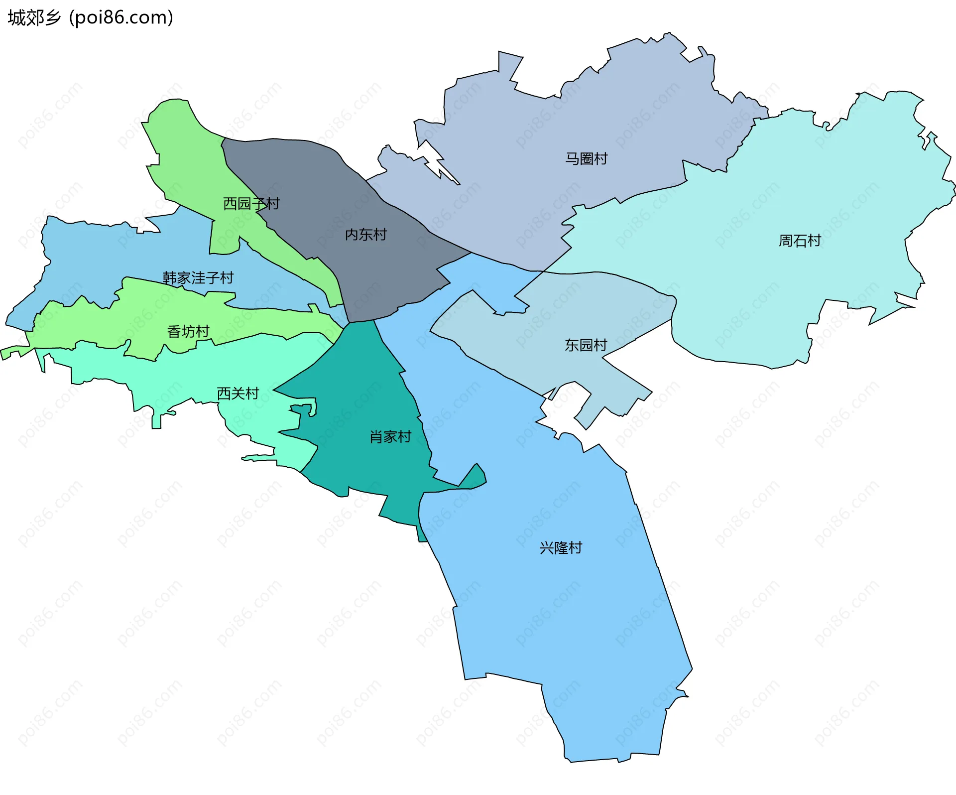 城郊乡边界地图(五级行政区划)