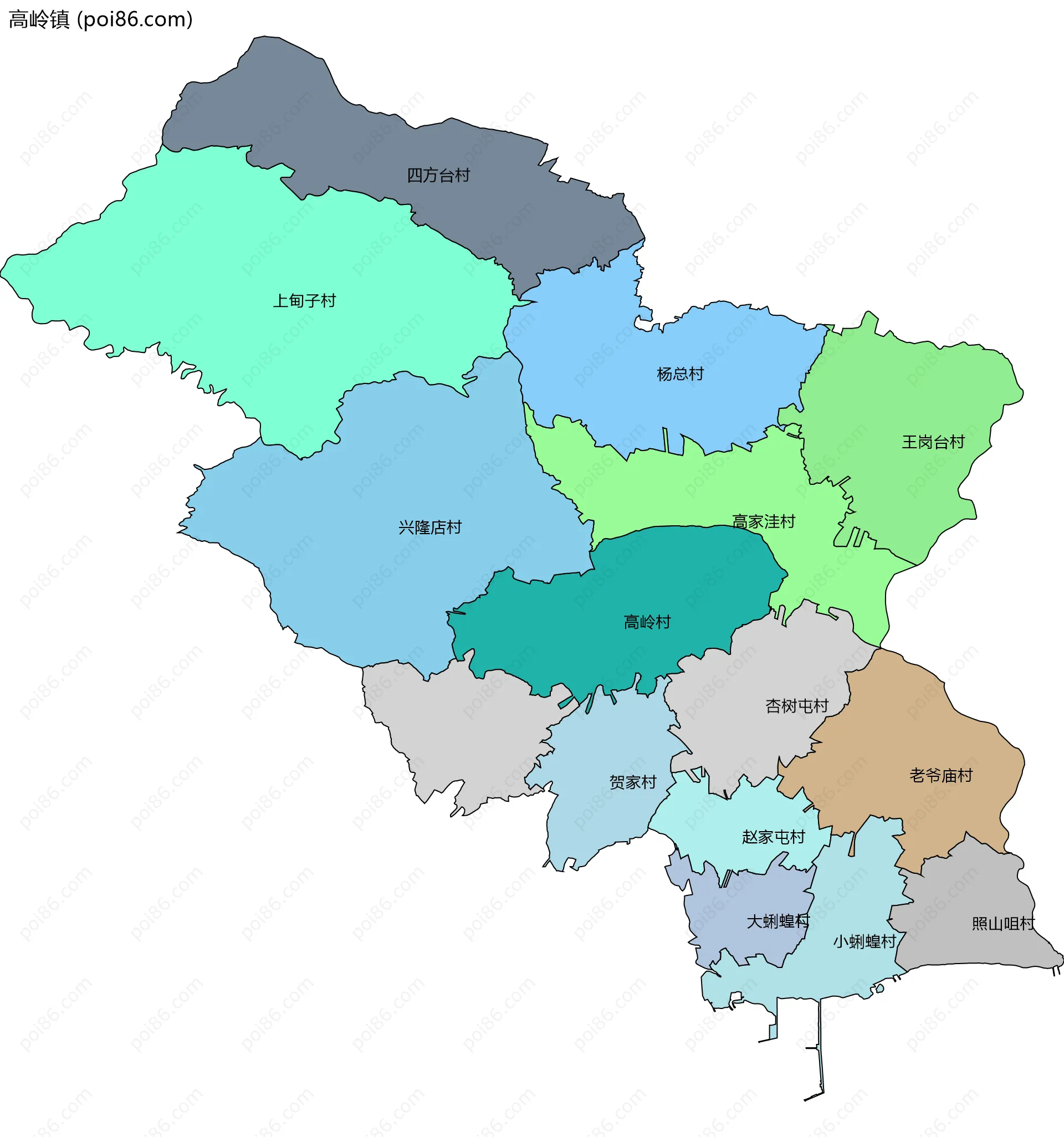 高岭镇边界地图(五级行政区划)