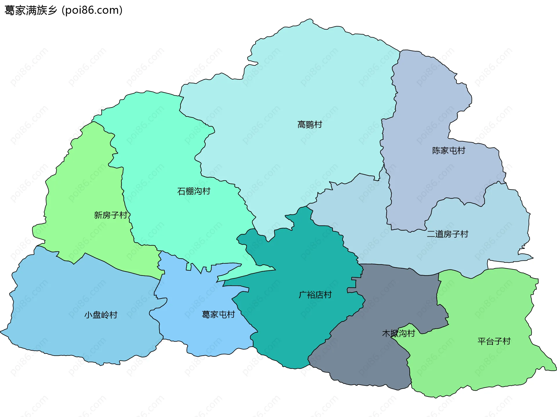 葛家满族乡边界地图(五级行政区划)