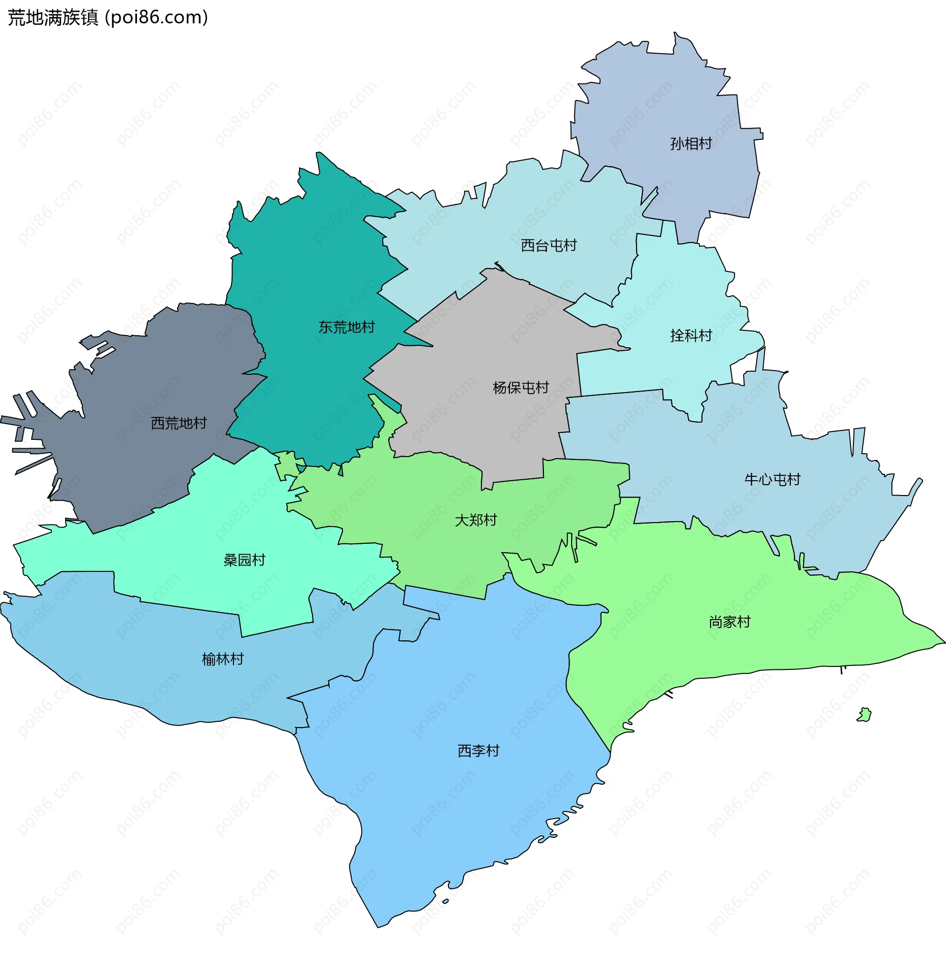 荒地满族镇边界地图(五级行政区划)