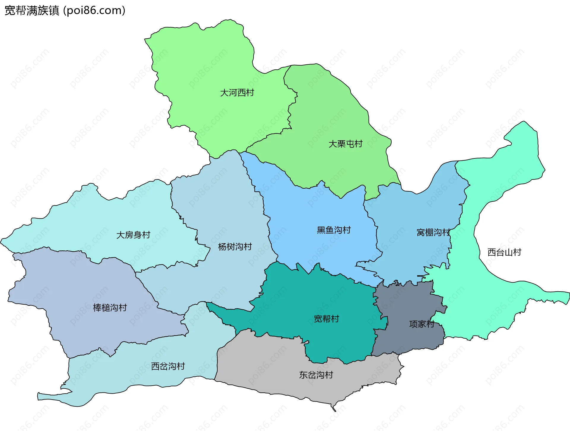 宽帮满族镇边界地图(五级行政区划)