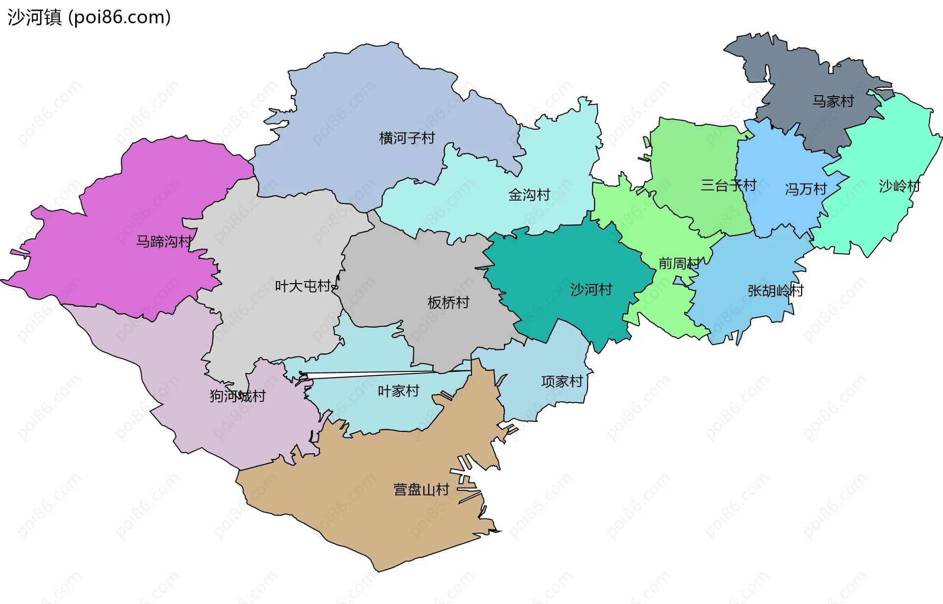 沙河镇边界地图(五级行政区划)