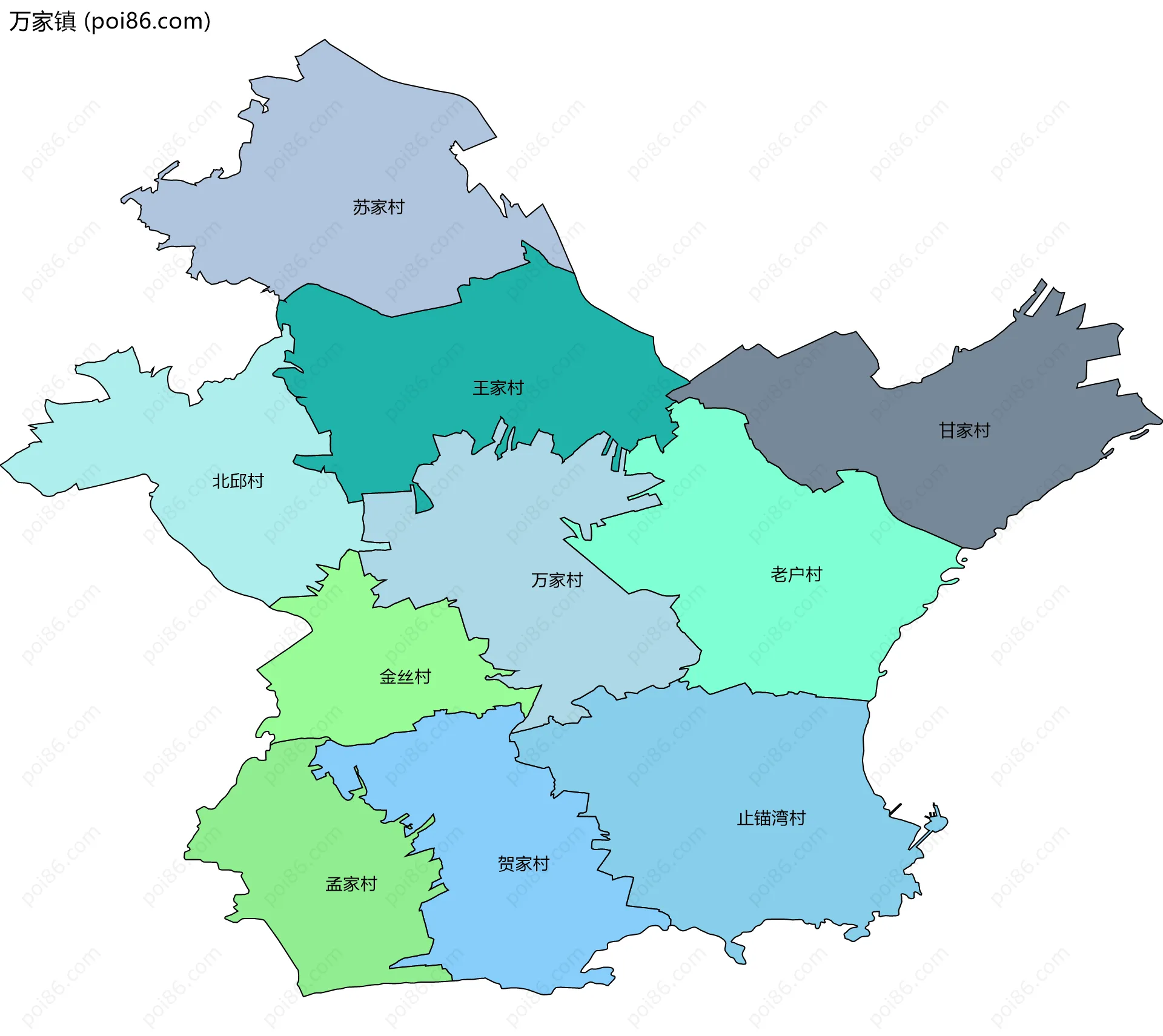 万家镇边界地图(五级行政区划)