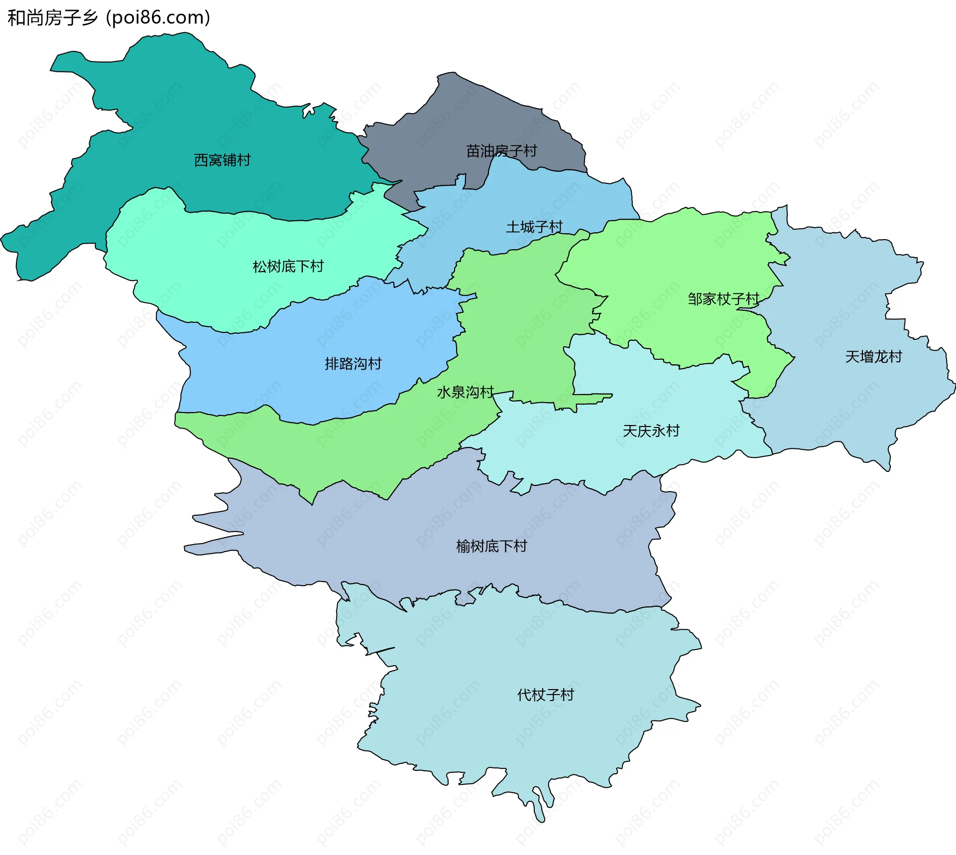 和尚房子乡边界地图(五级行政区划)