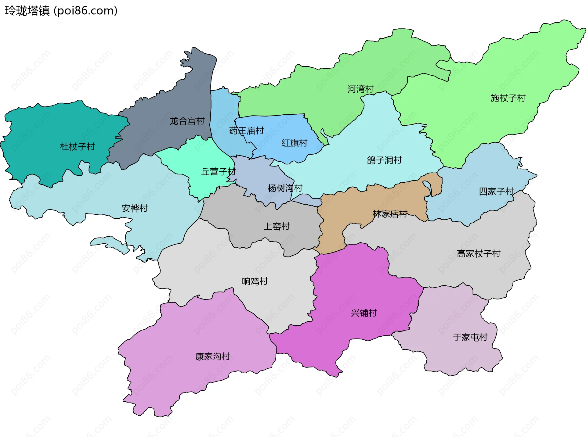 玲珑塔镇边界地图(五级行政区划)