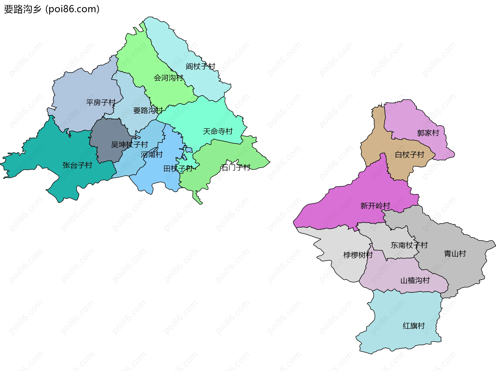 要路沟乡边界地图(五级行政区划)