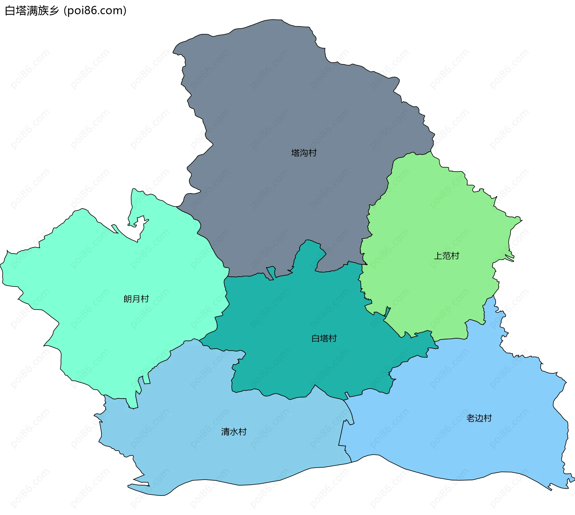白塔满族乡边界地图(五级行政区划)