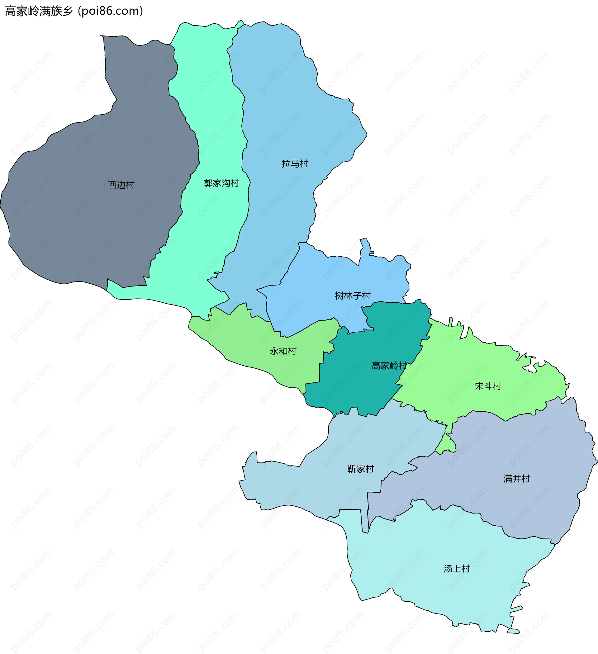 高家岭满族乡边界地图(五级行政区划)
