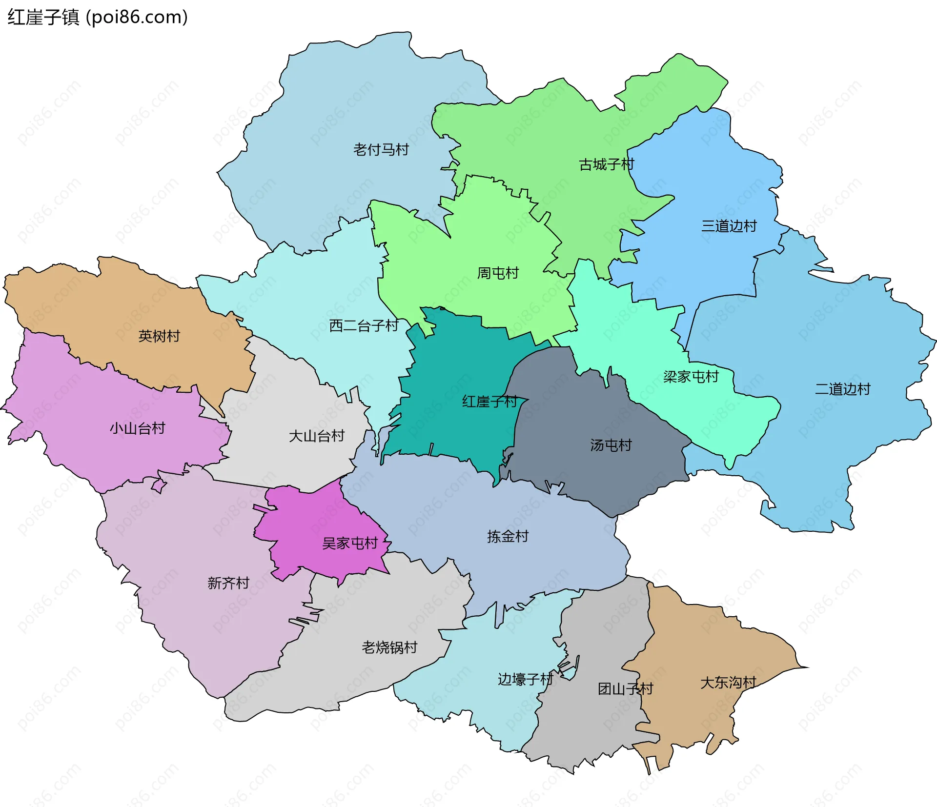 红崖子镇边界地图(五级行政区划)