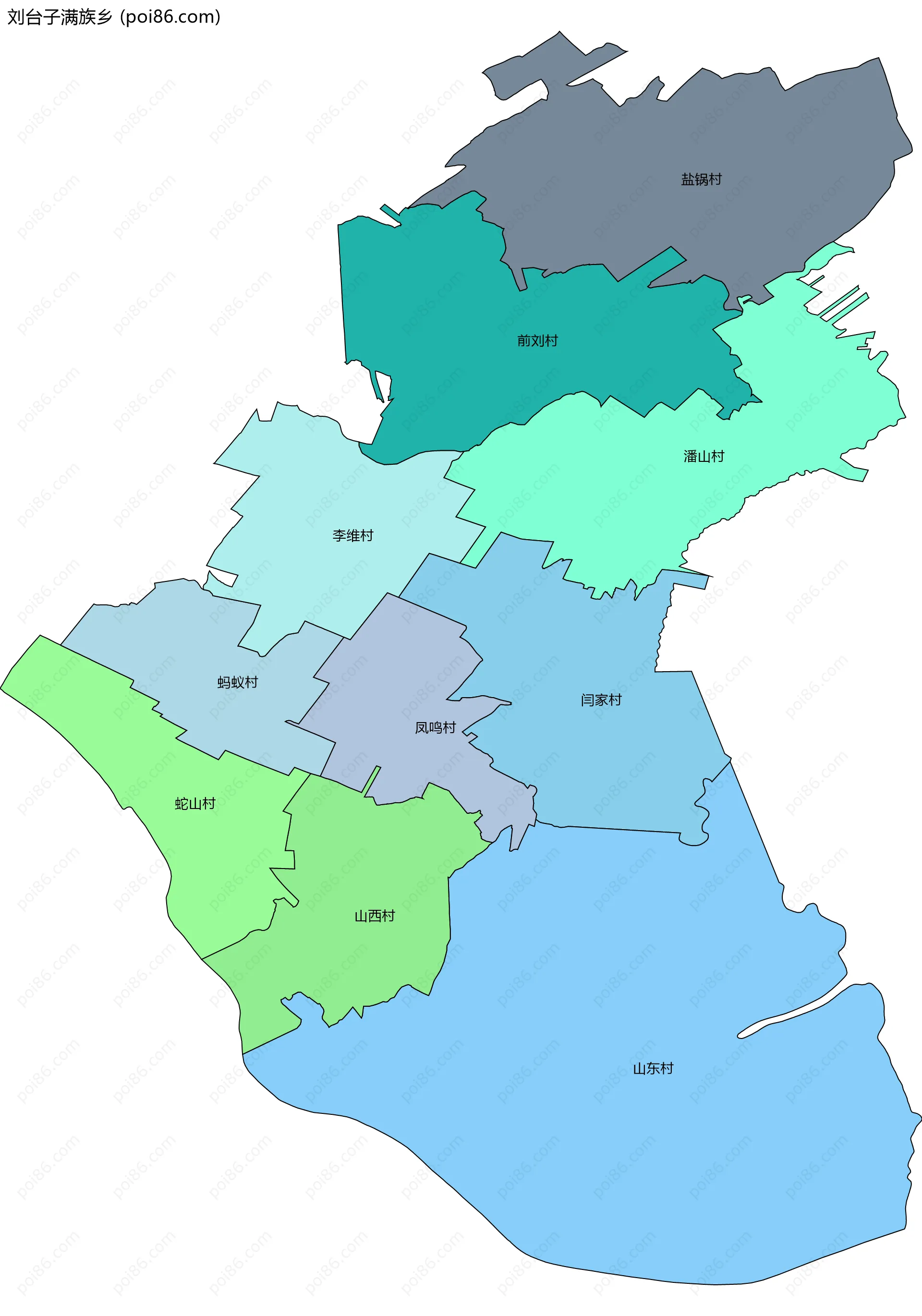 刘台子满族乡边界地图(五级行政区划)