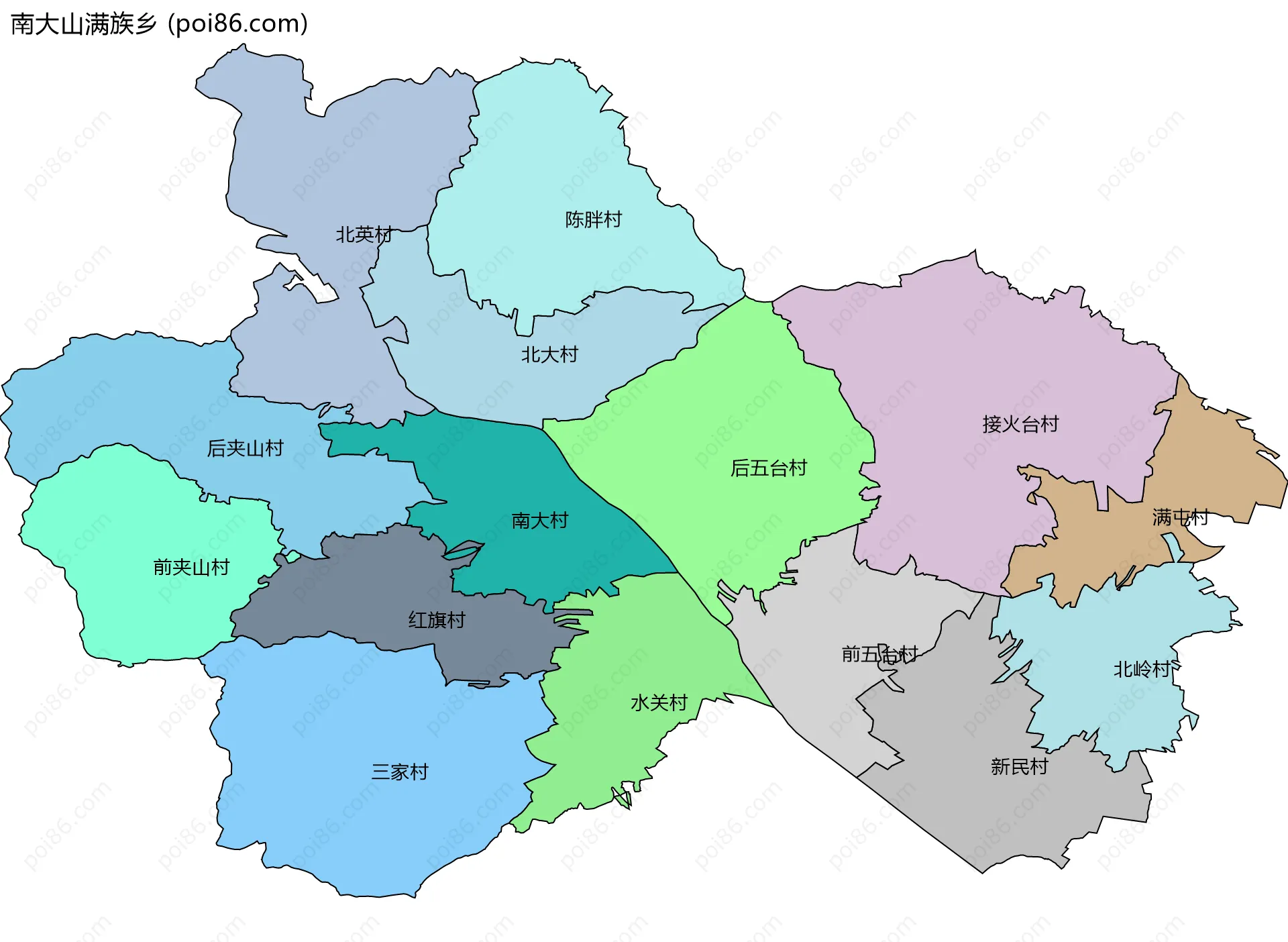 南大山满族乡边界地图(五级行政区划)