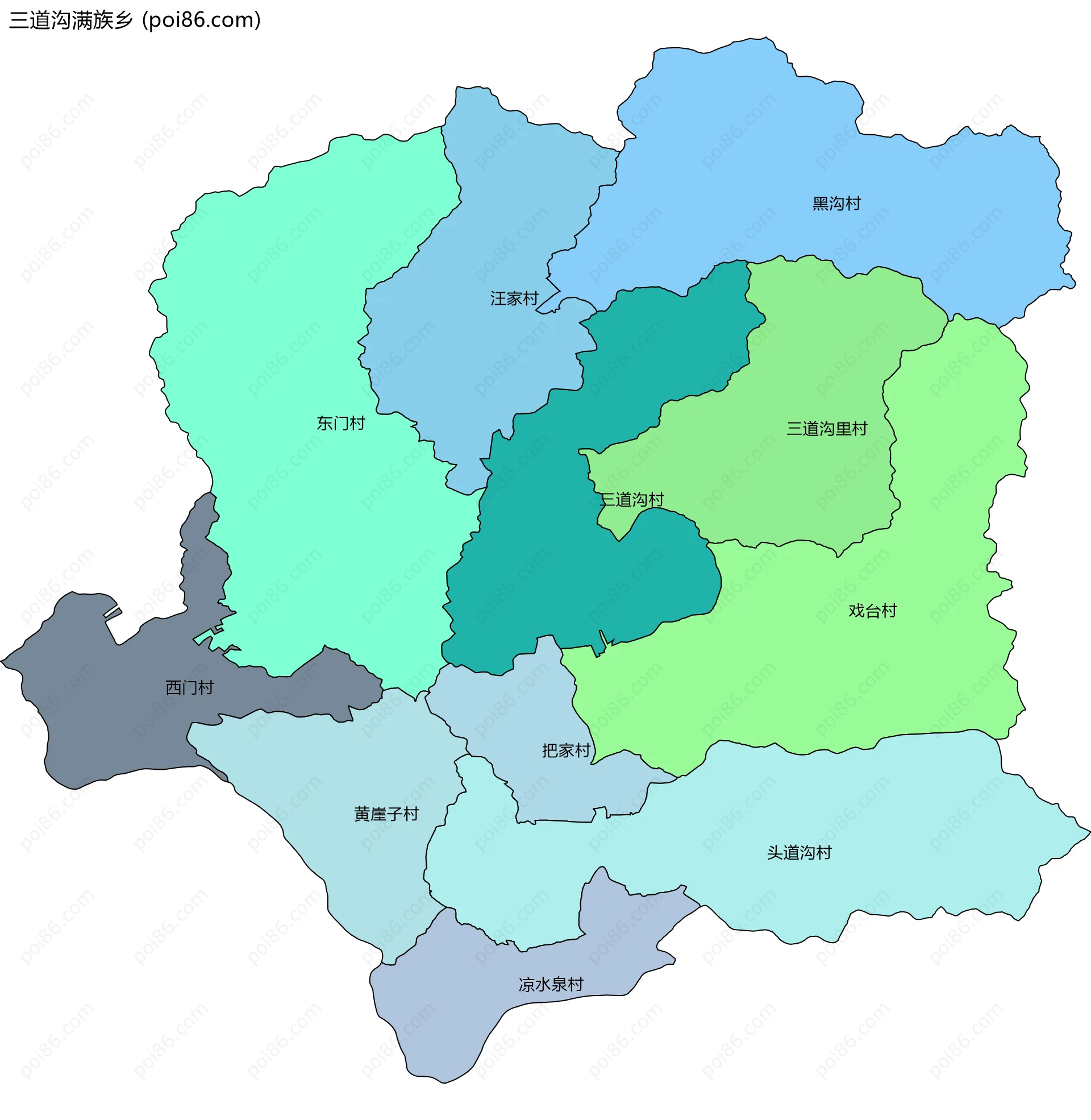 三道沟满族乡边界地图(五级行政区划)