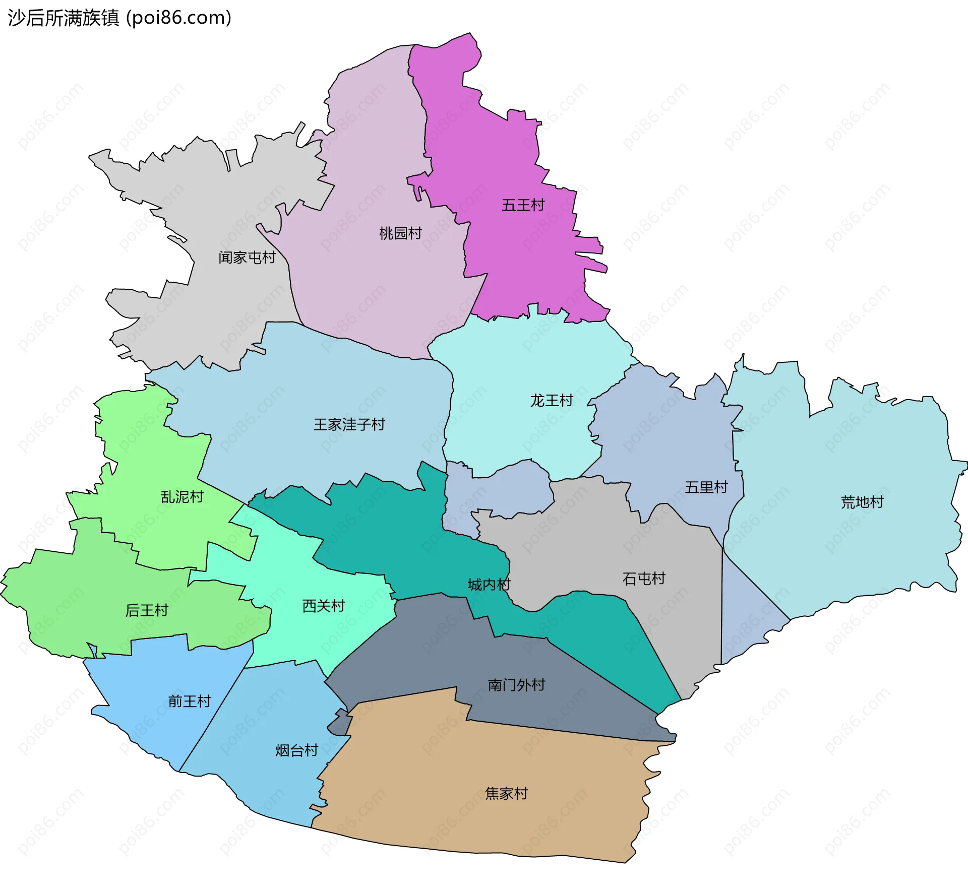 沙后所满族镇边界地图(五级行政区划)