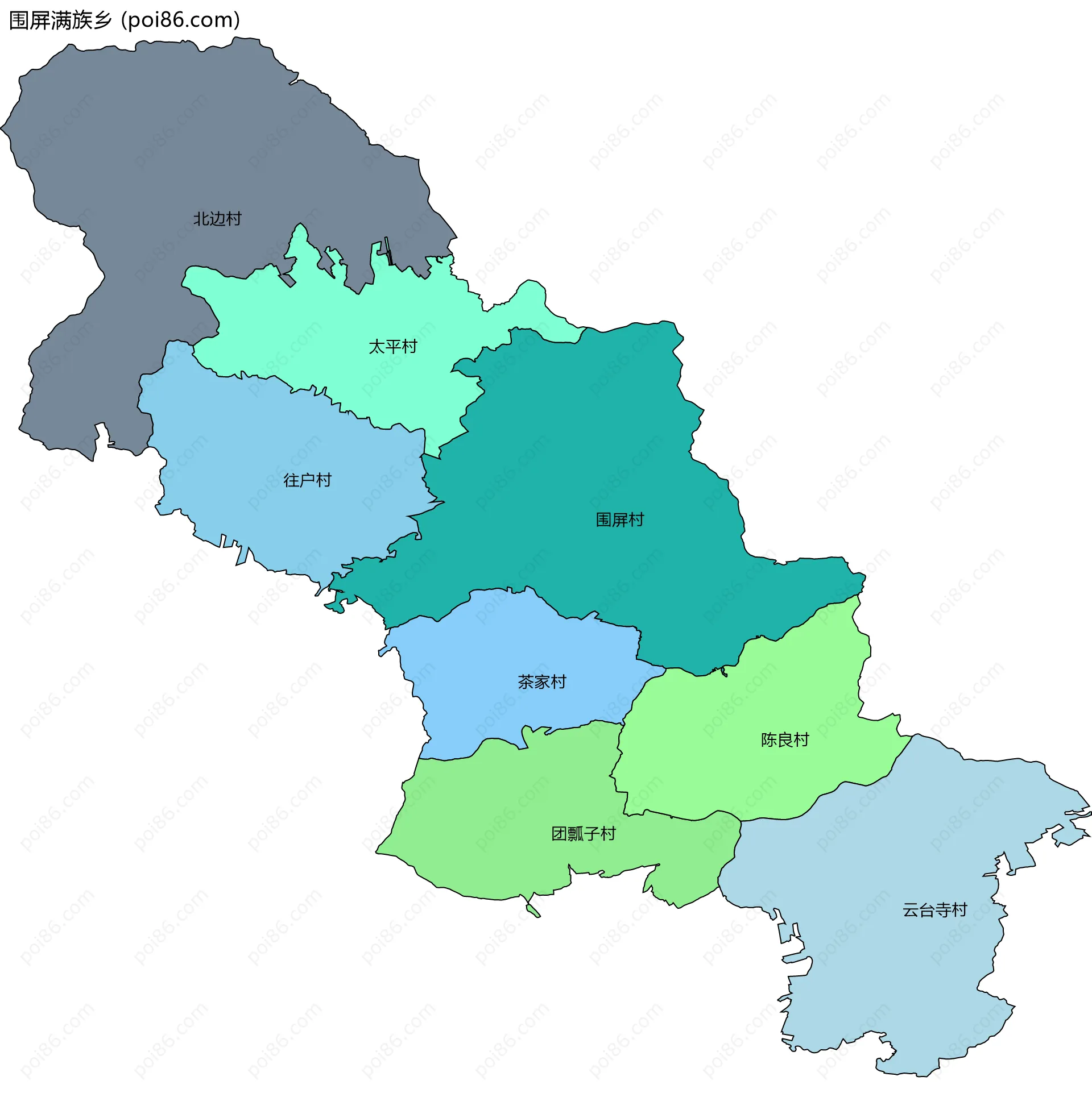围屏满族乡边界地图(五级行政区划)