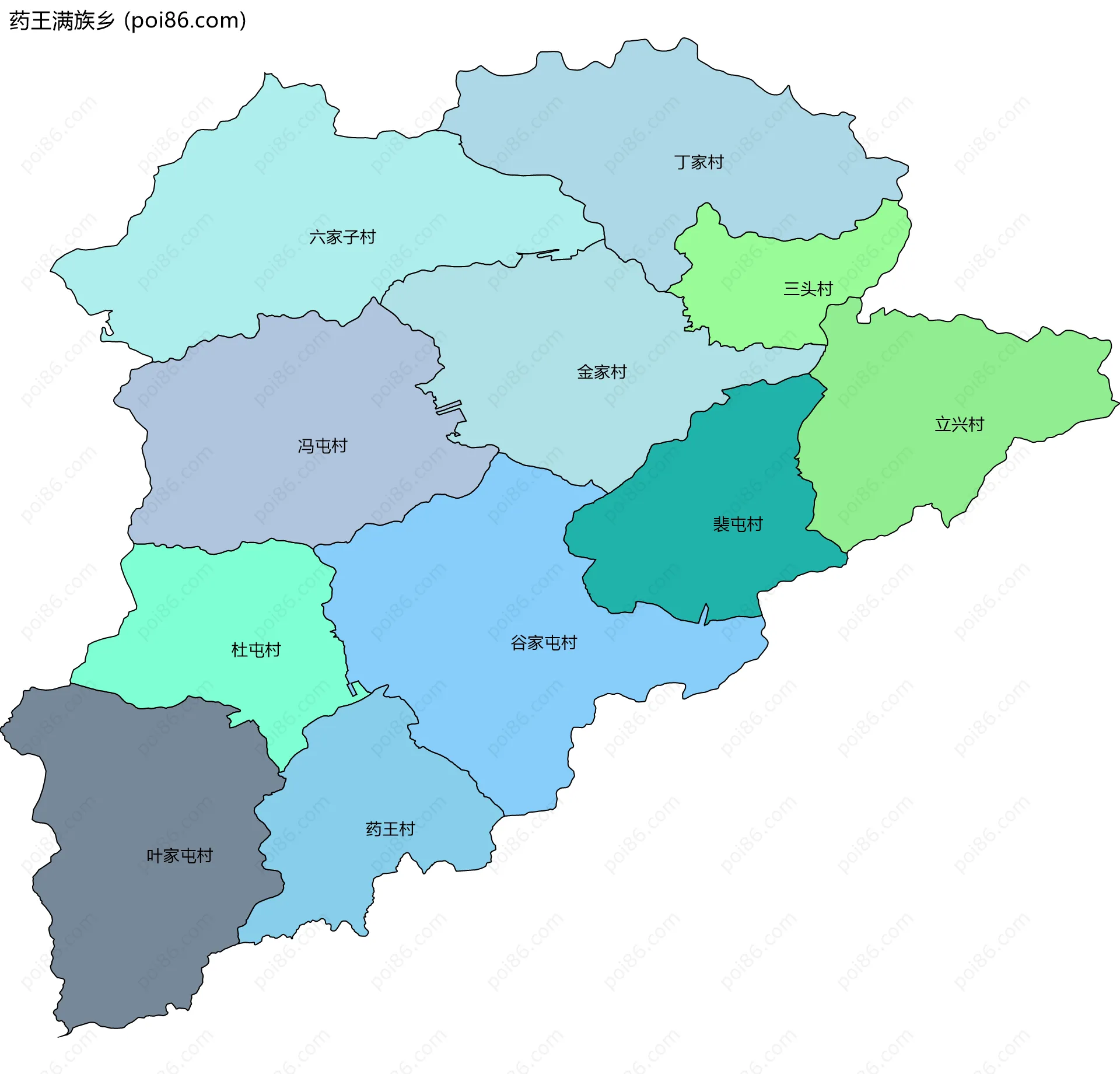 药王满族乡边界地图(五级行政区划)