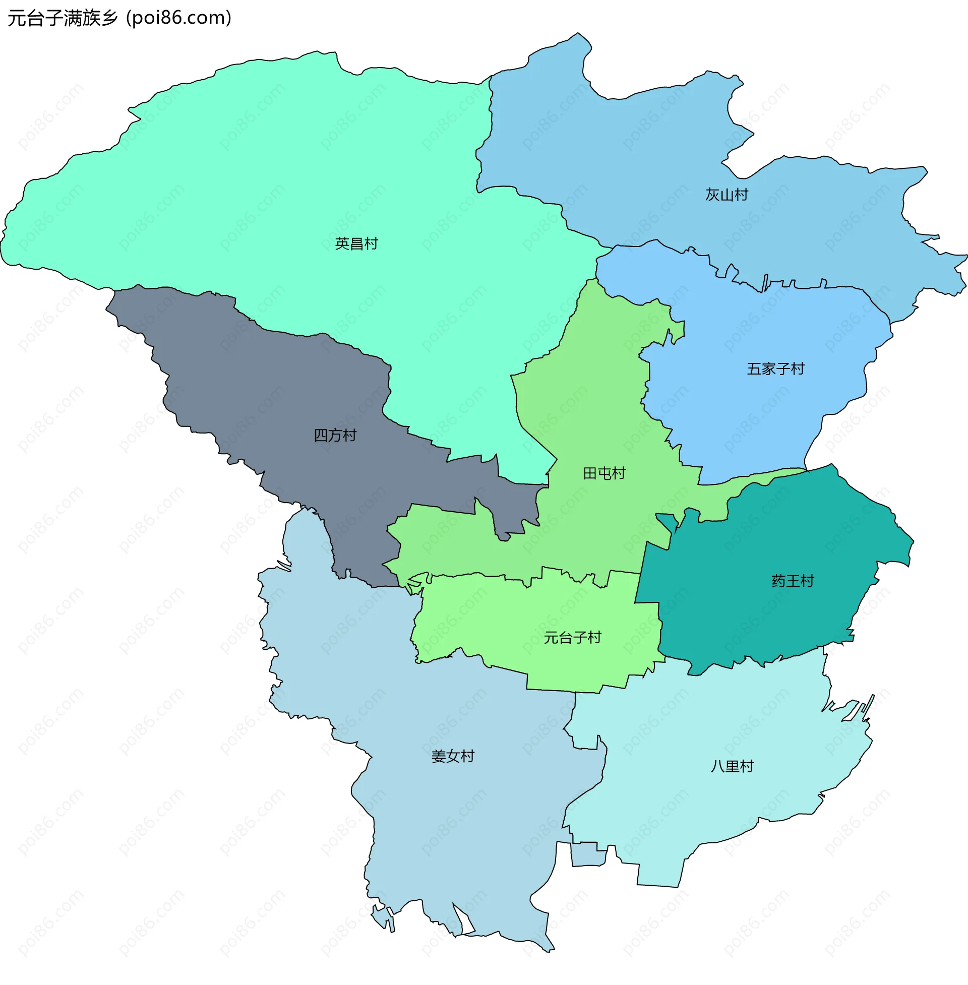 元台子满族乡边界地图(五级行政区划)