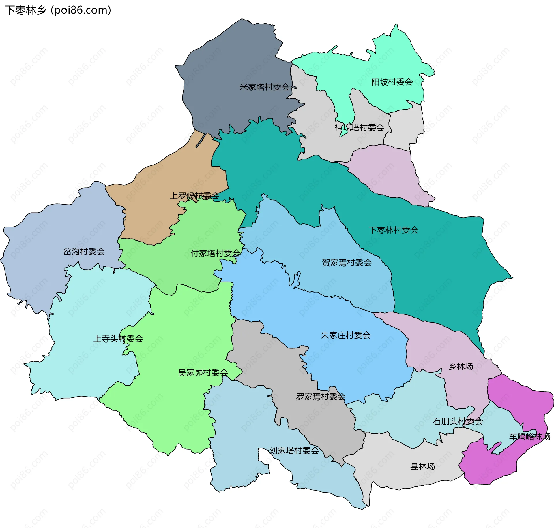 下枣林乡边界地图(五级行政区划)