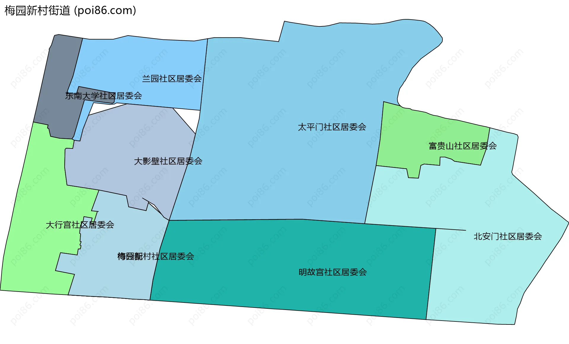 梅园新村街道边界地图(五级行政区划)