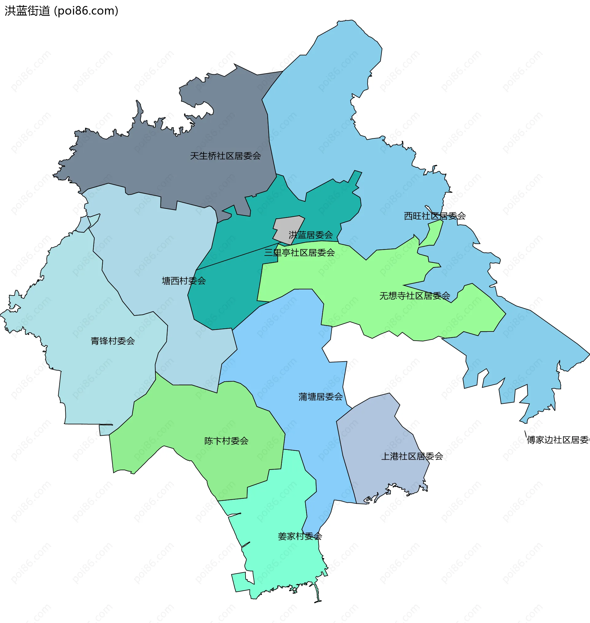 洪蓝街道边界地图(五级行政区划)