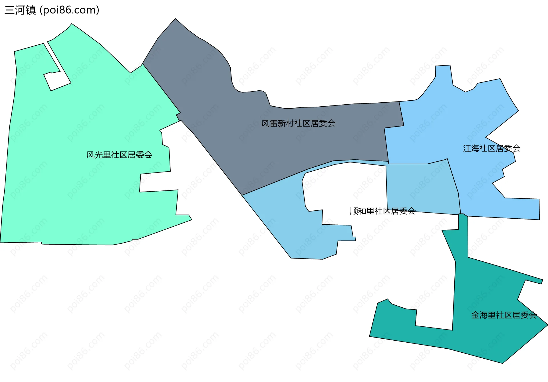 三河镇边界地图(五级行政区划)