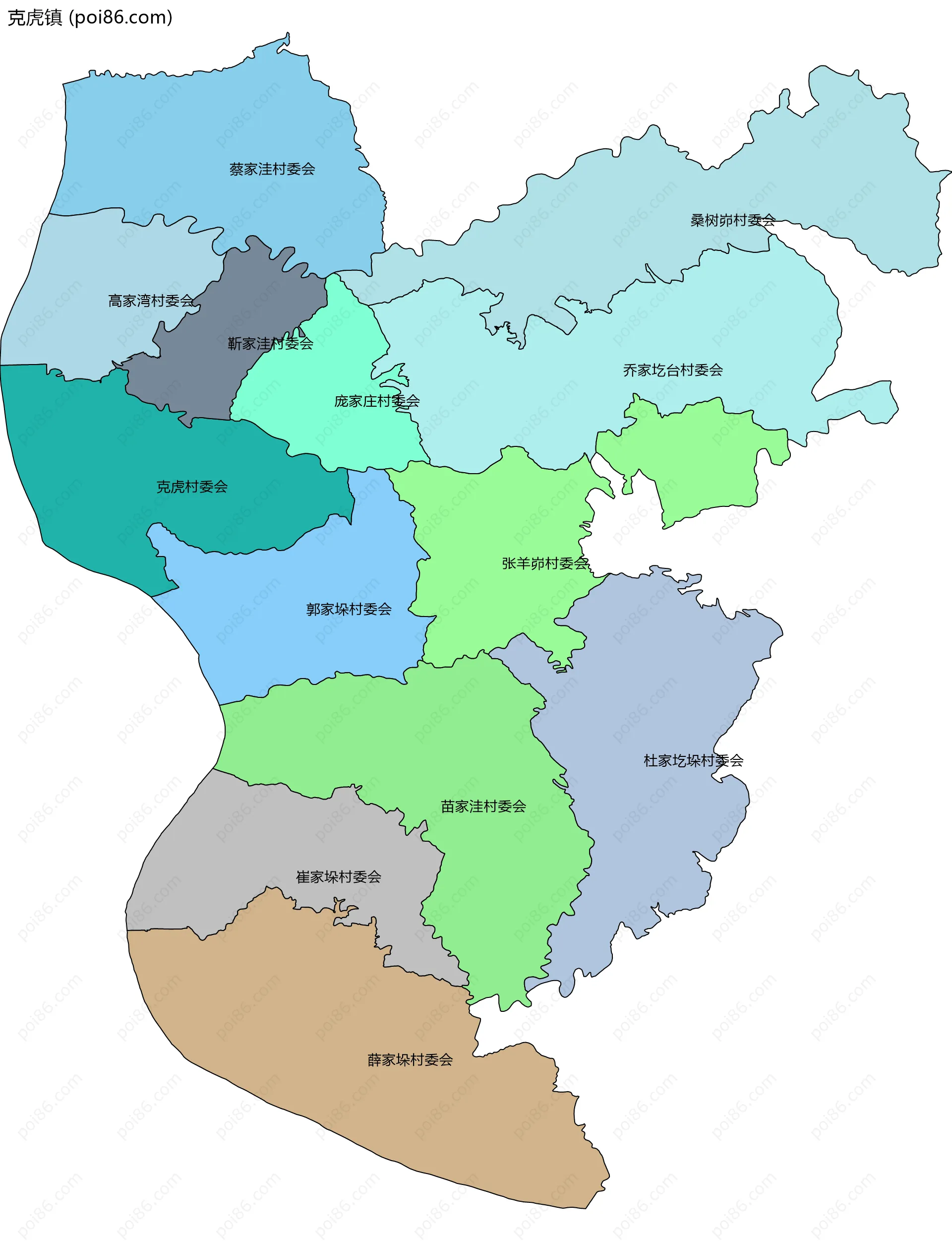 克虎镇边界地图(五级行政区划)