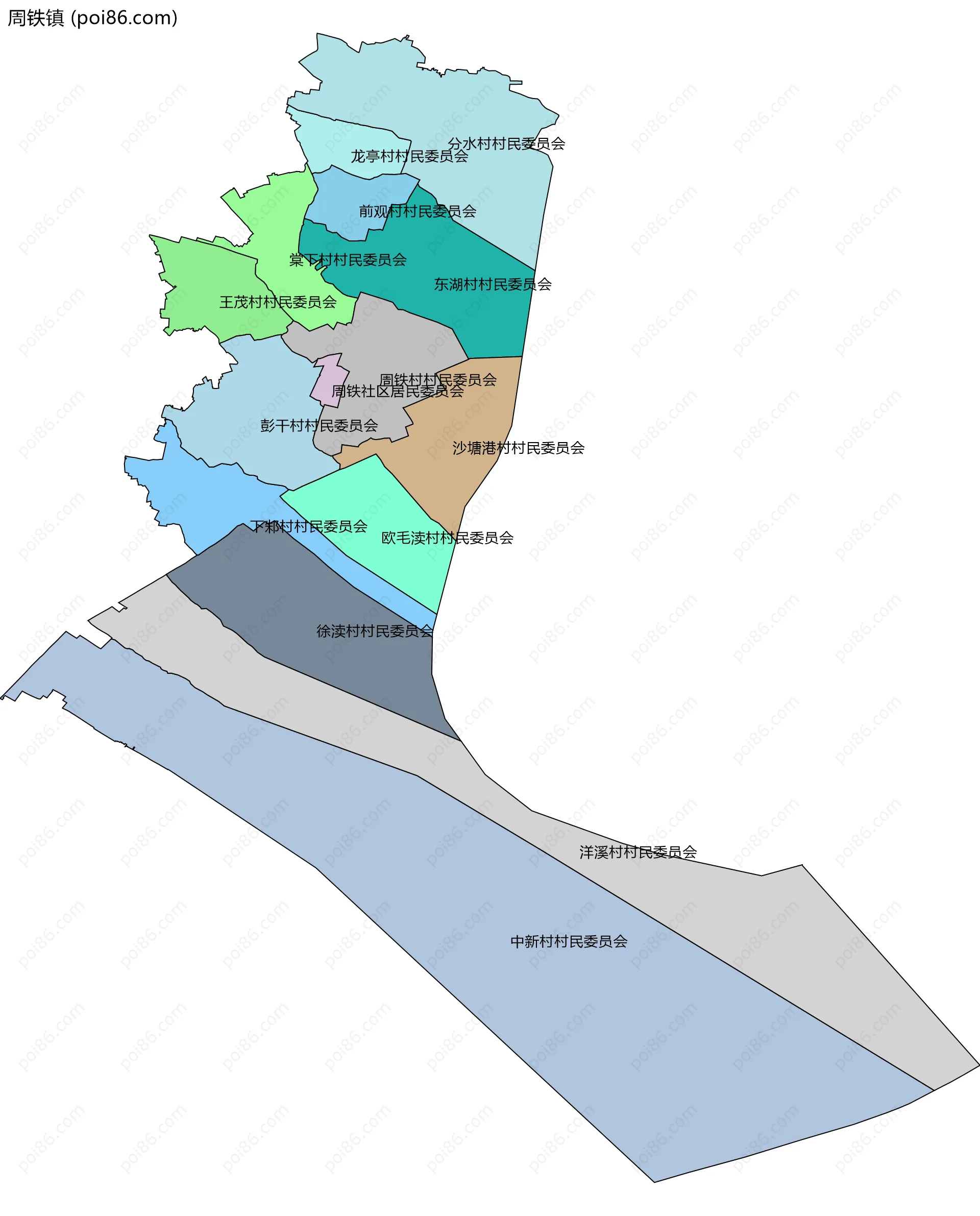 周铁镇边界地图(五级行政区划)