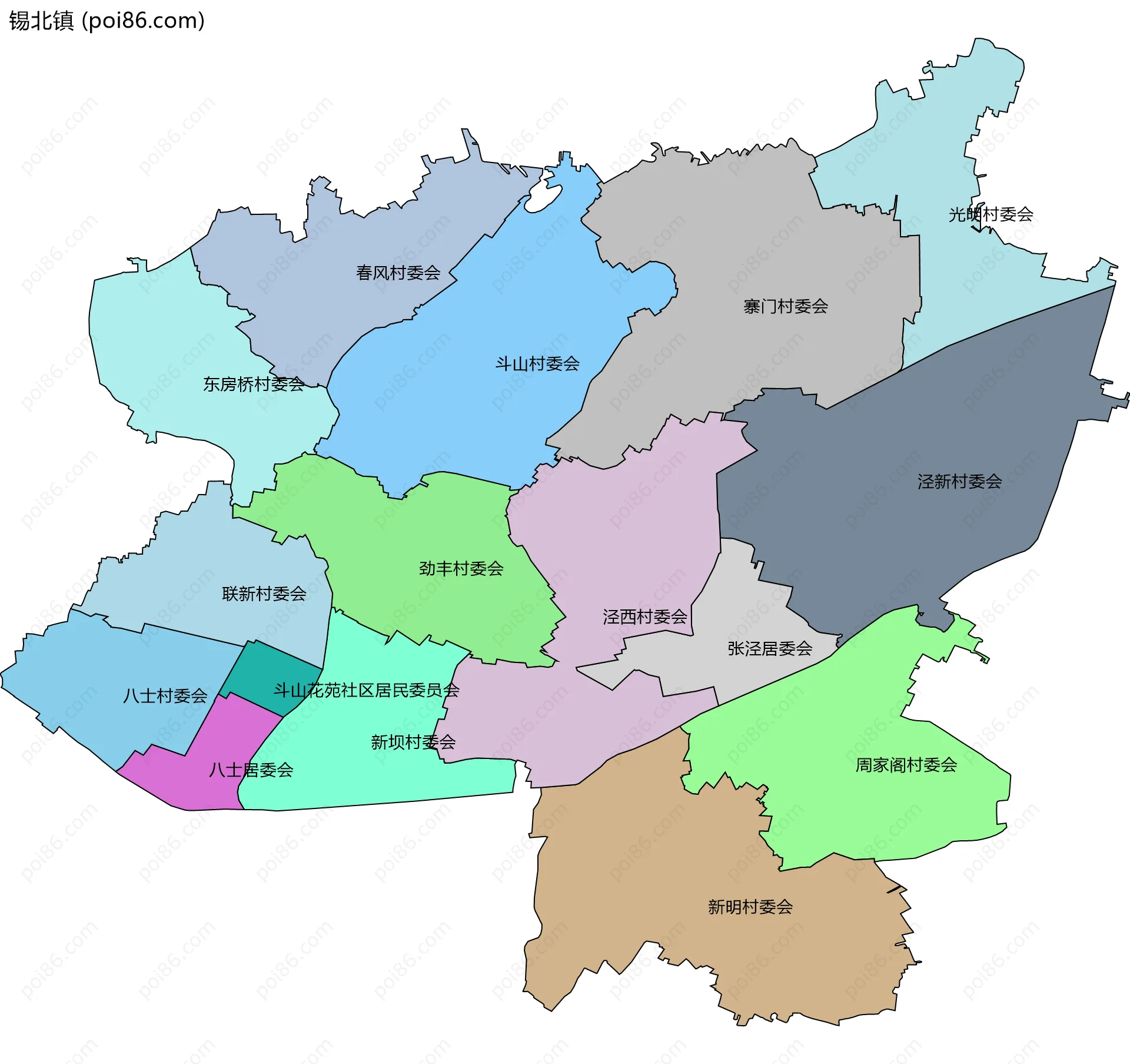 锡北镇边界地图(五级行政区划)