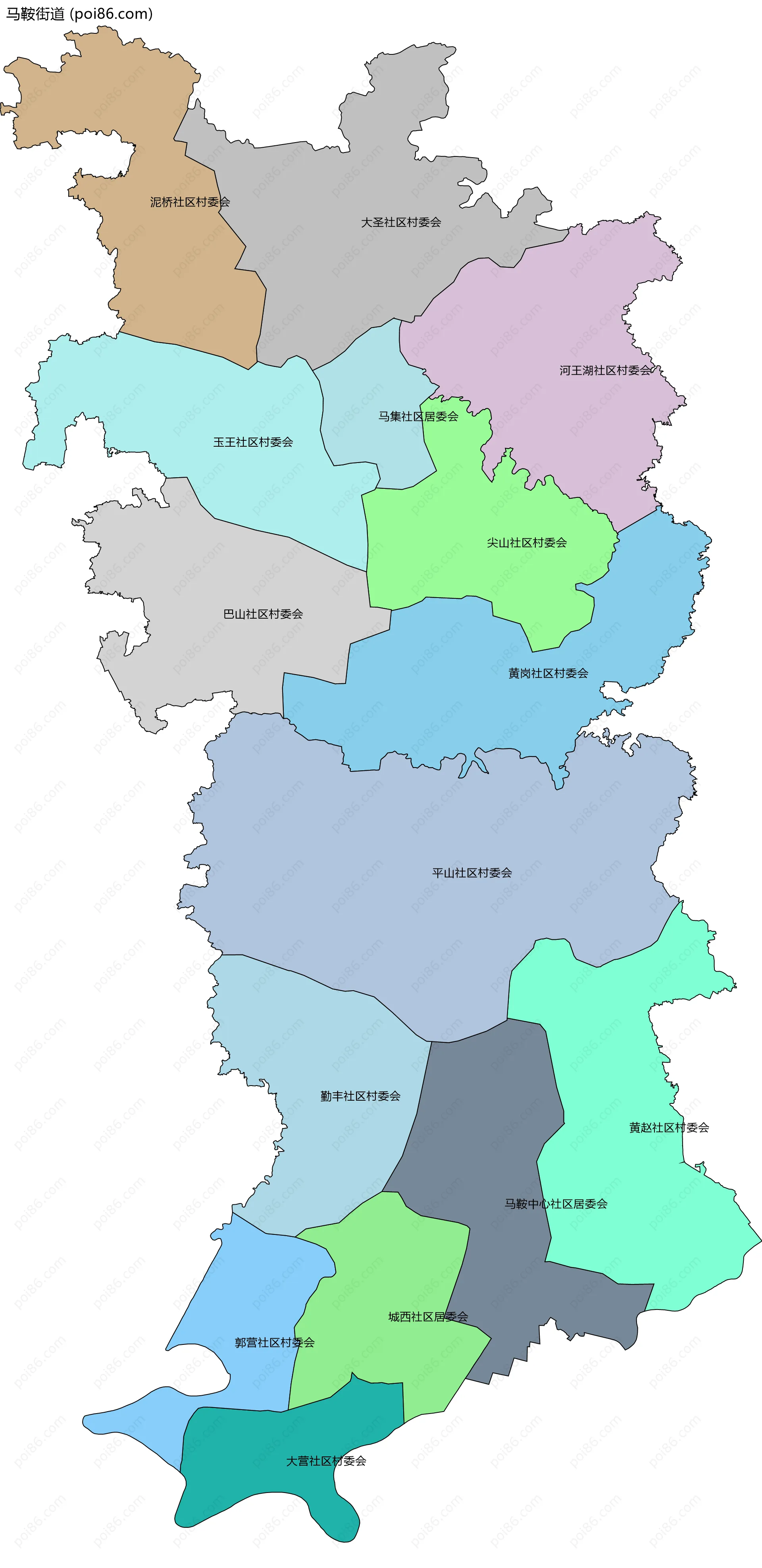 马鞍街道边界地图(五级行政区划)