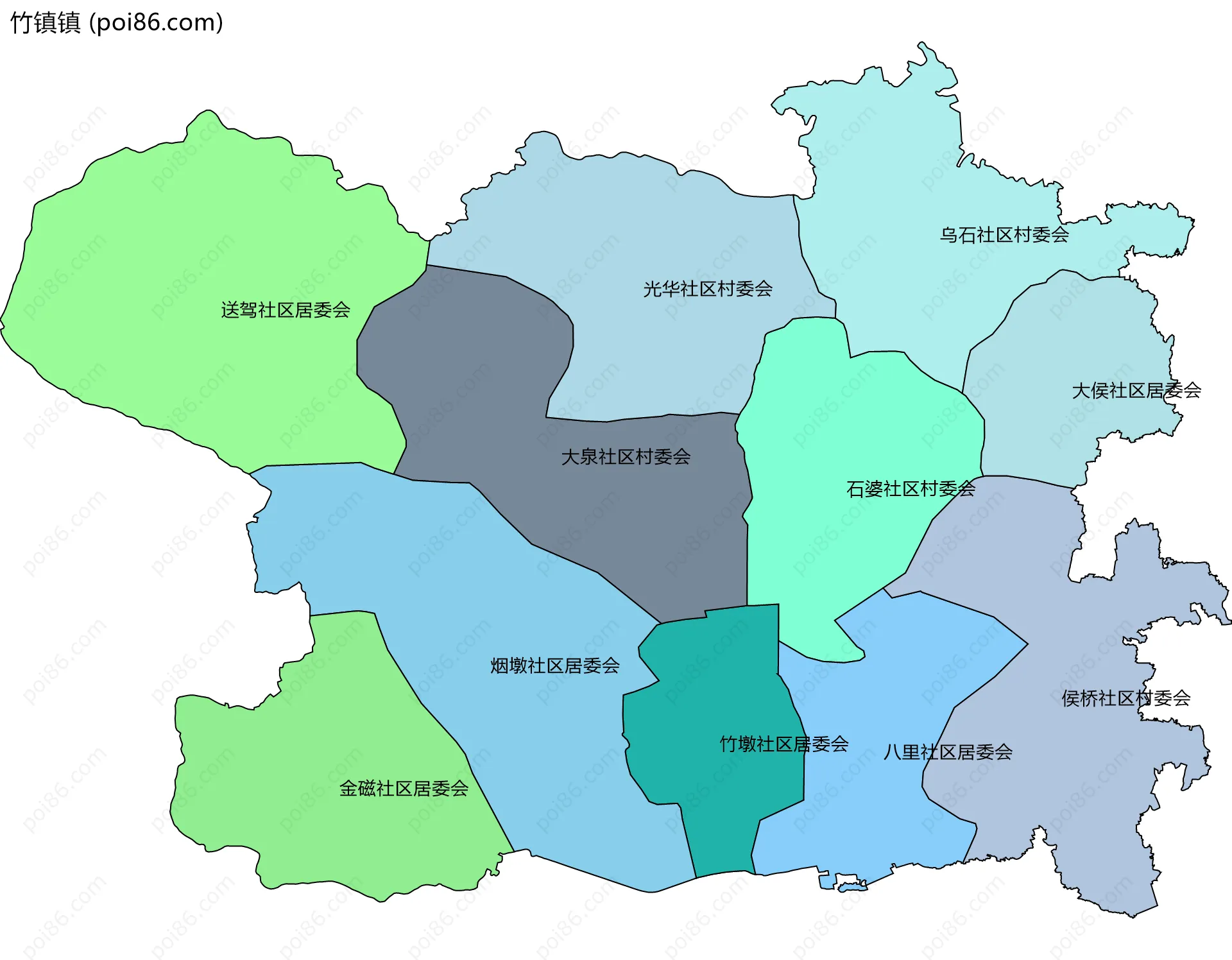 竹镇镇边界地图(五级行政区划)