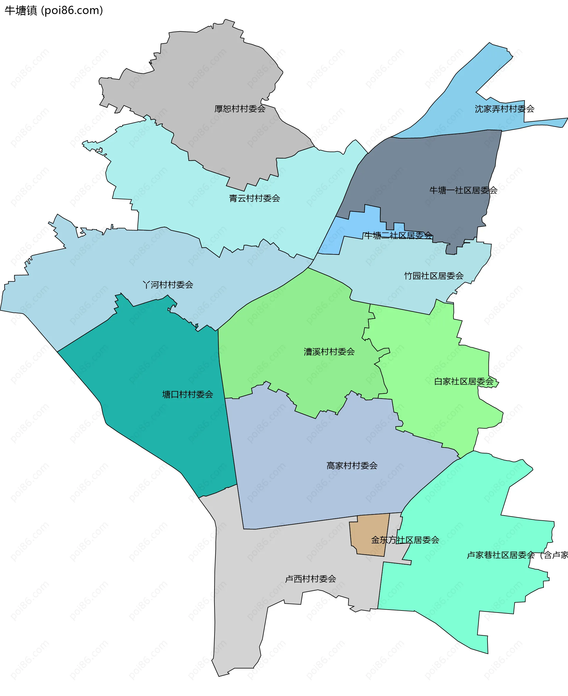 牛塘镇边界地图(五级行政区划)