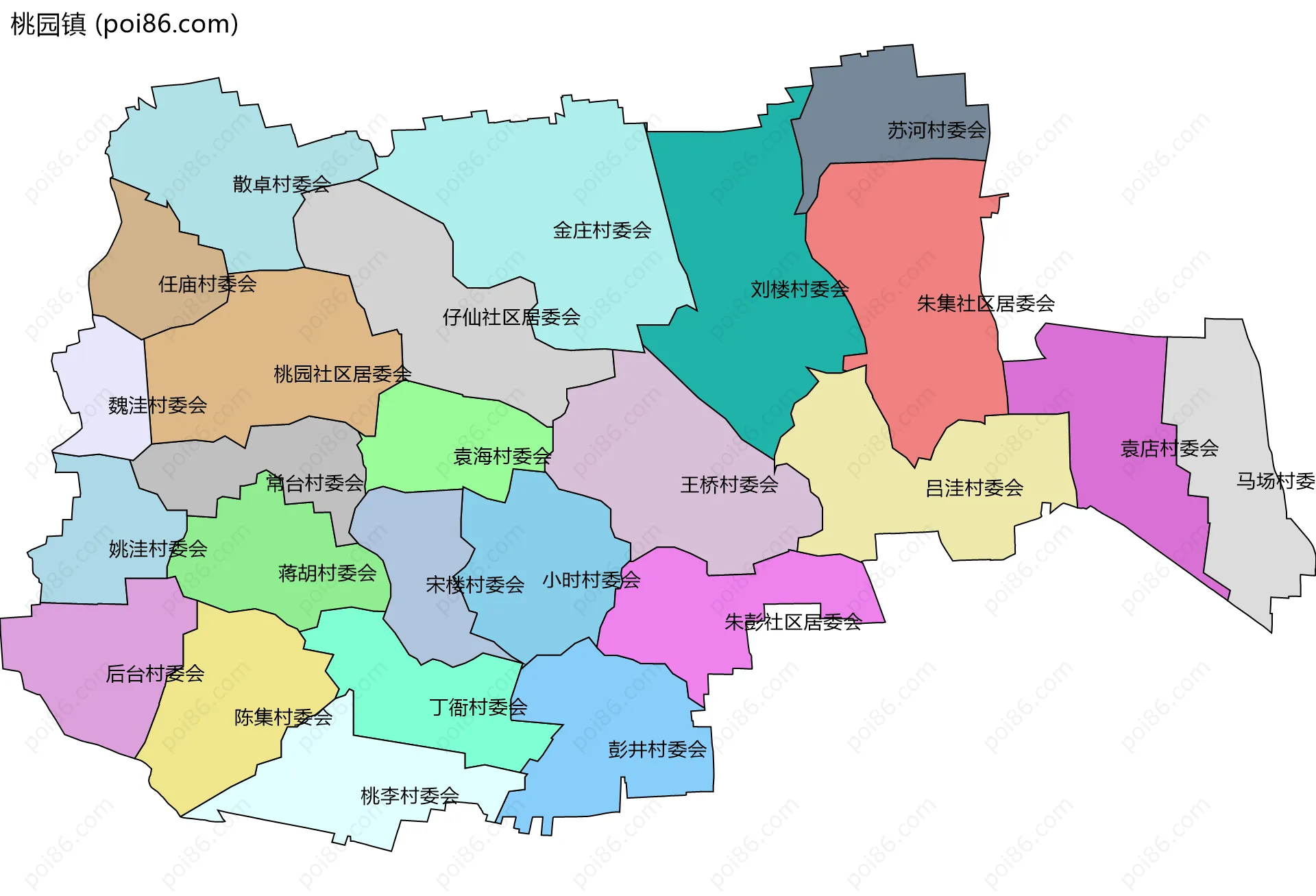 桃园镇边界地图(五级行政区划)