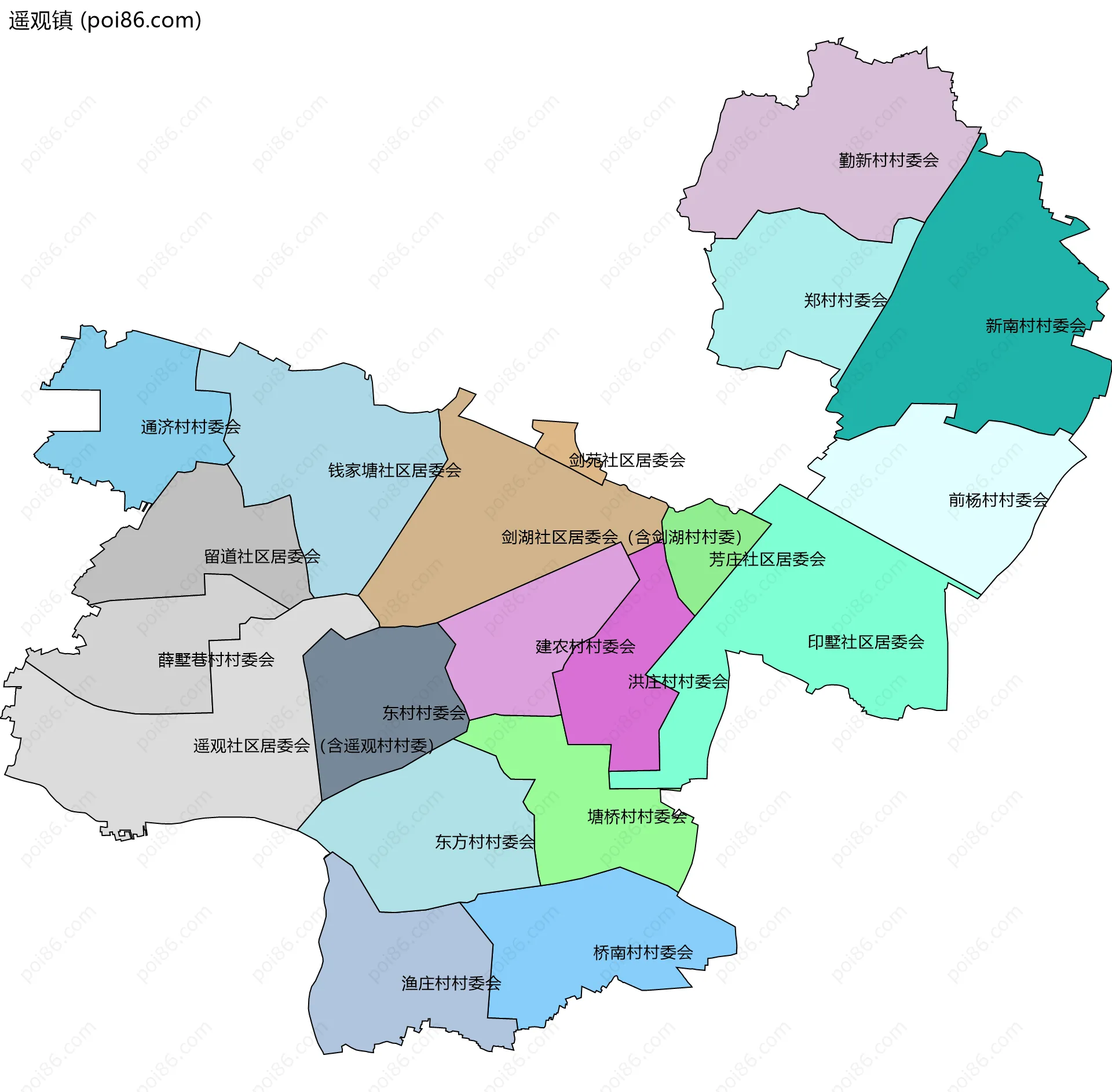 遥观镇边界地图(五级行政区划)