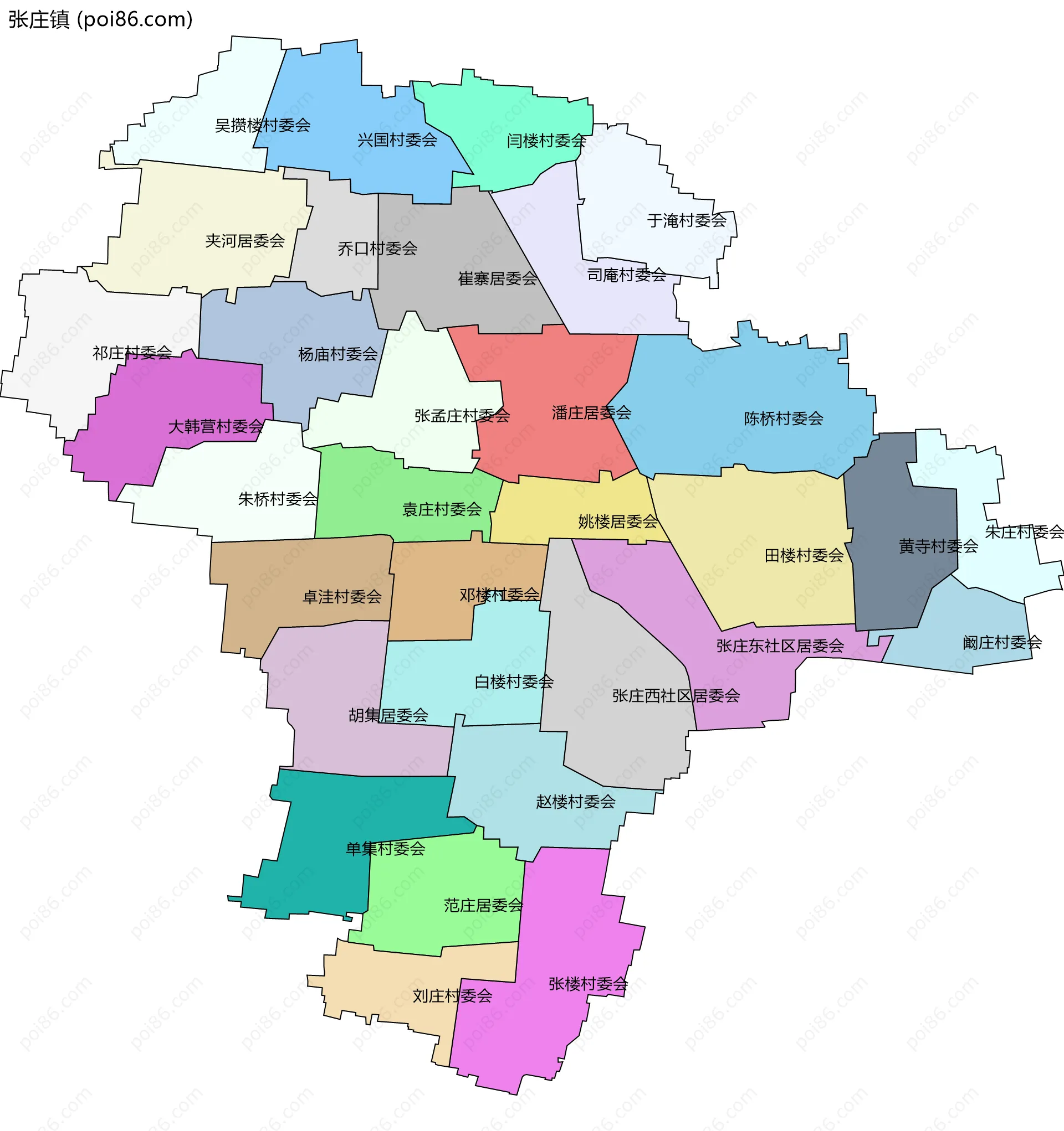 张庄镇边界地图(五级行政区划)