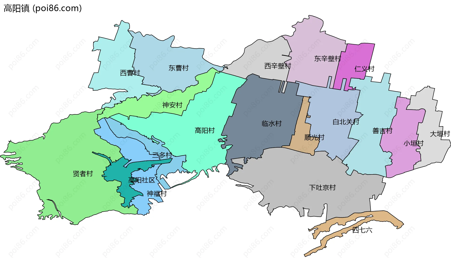 高阳镇边界地图(五级行政区划)