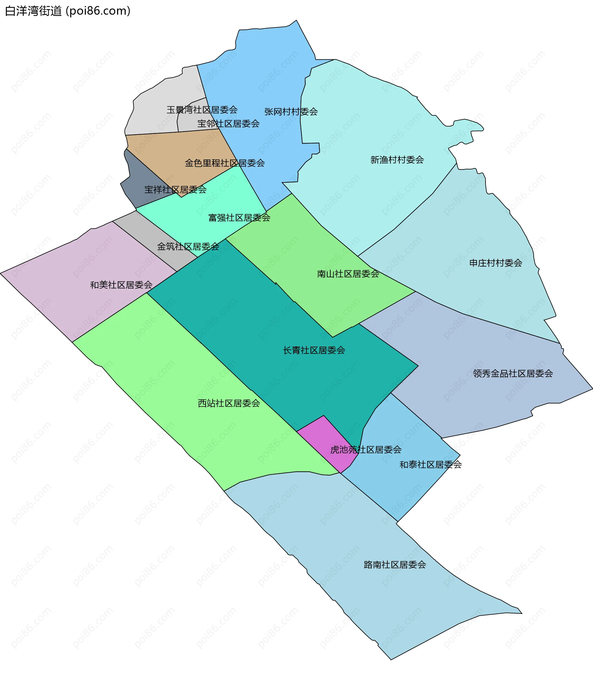 白洋湾街道边界地图(五级行政区划)