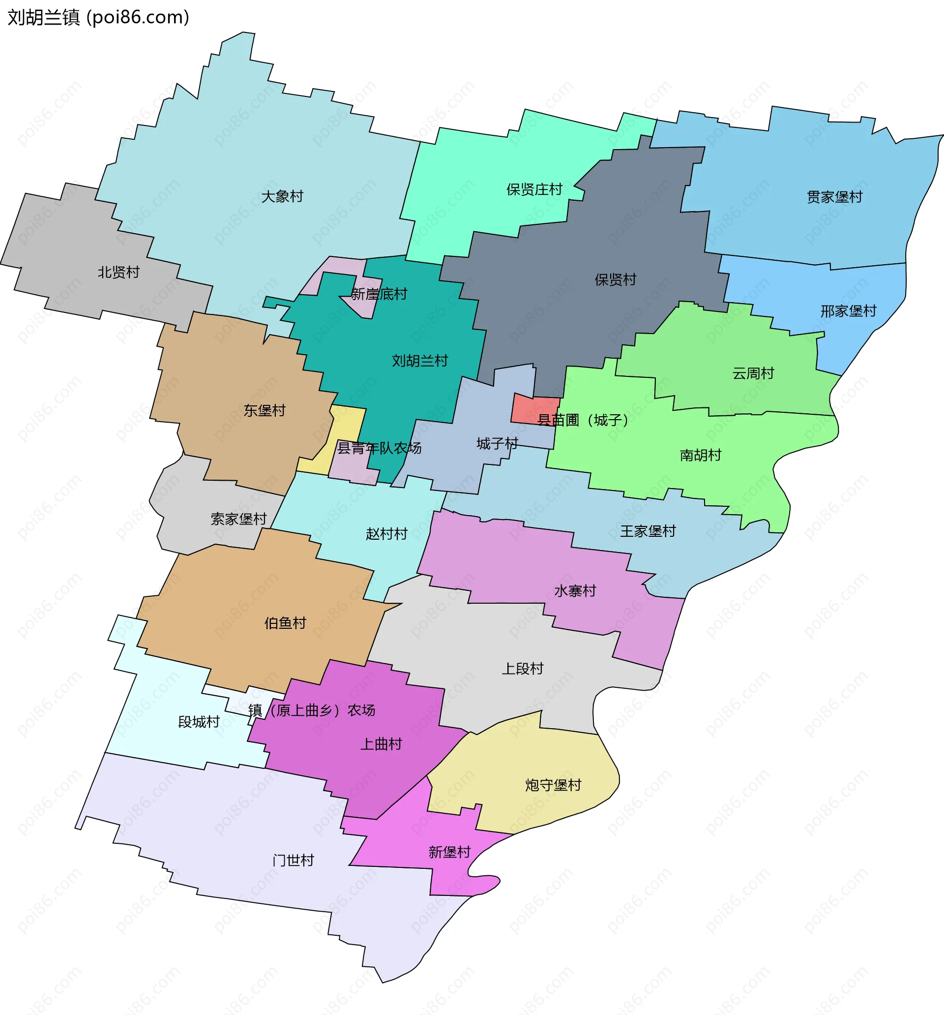 刘胡兰镇边界地图(五级行政区划)