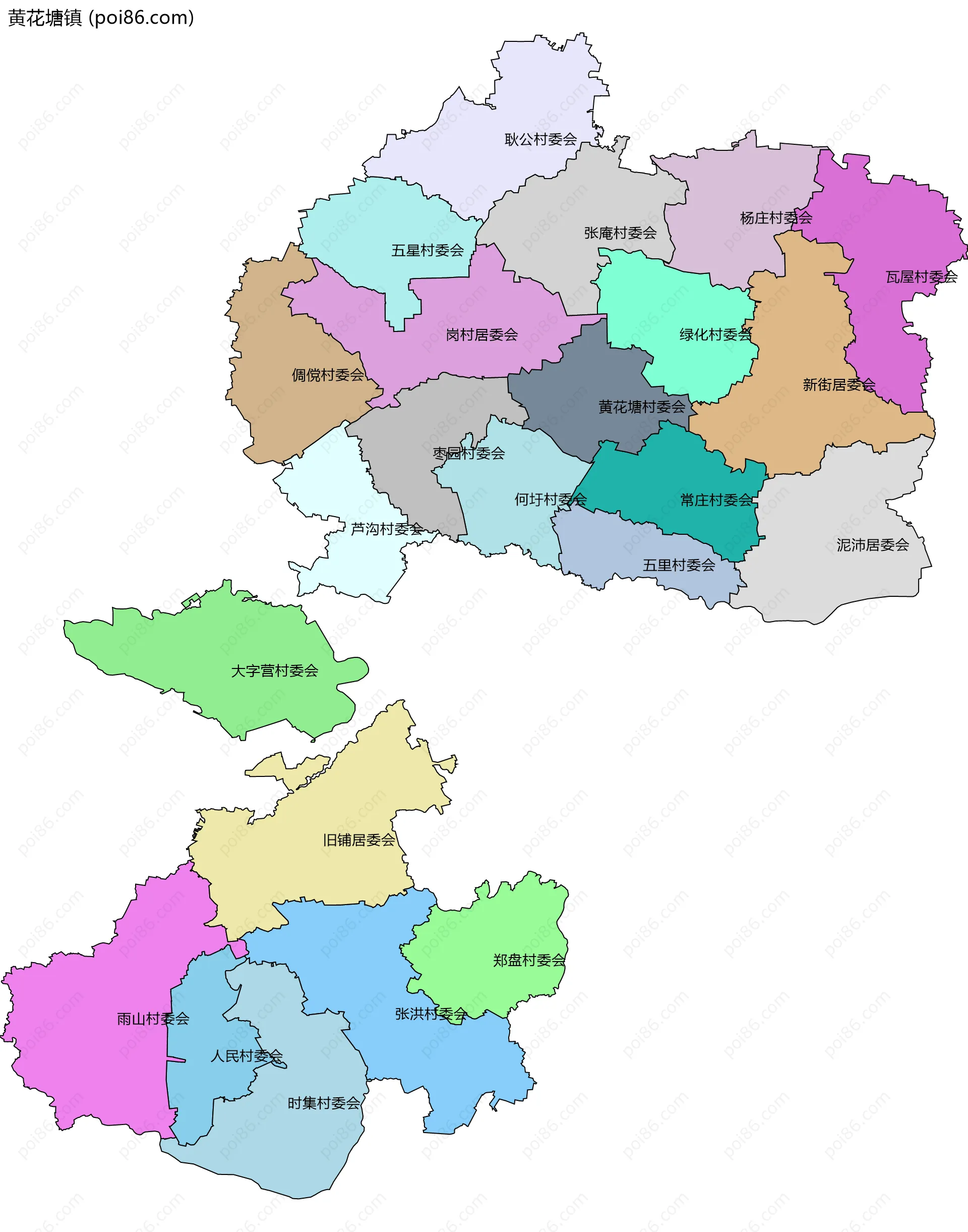 黄花塘镇边界地图(五级行政区划)