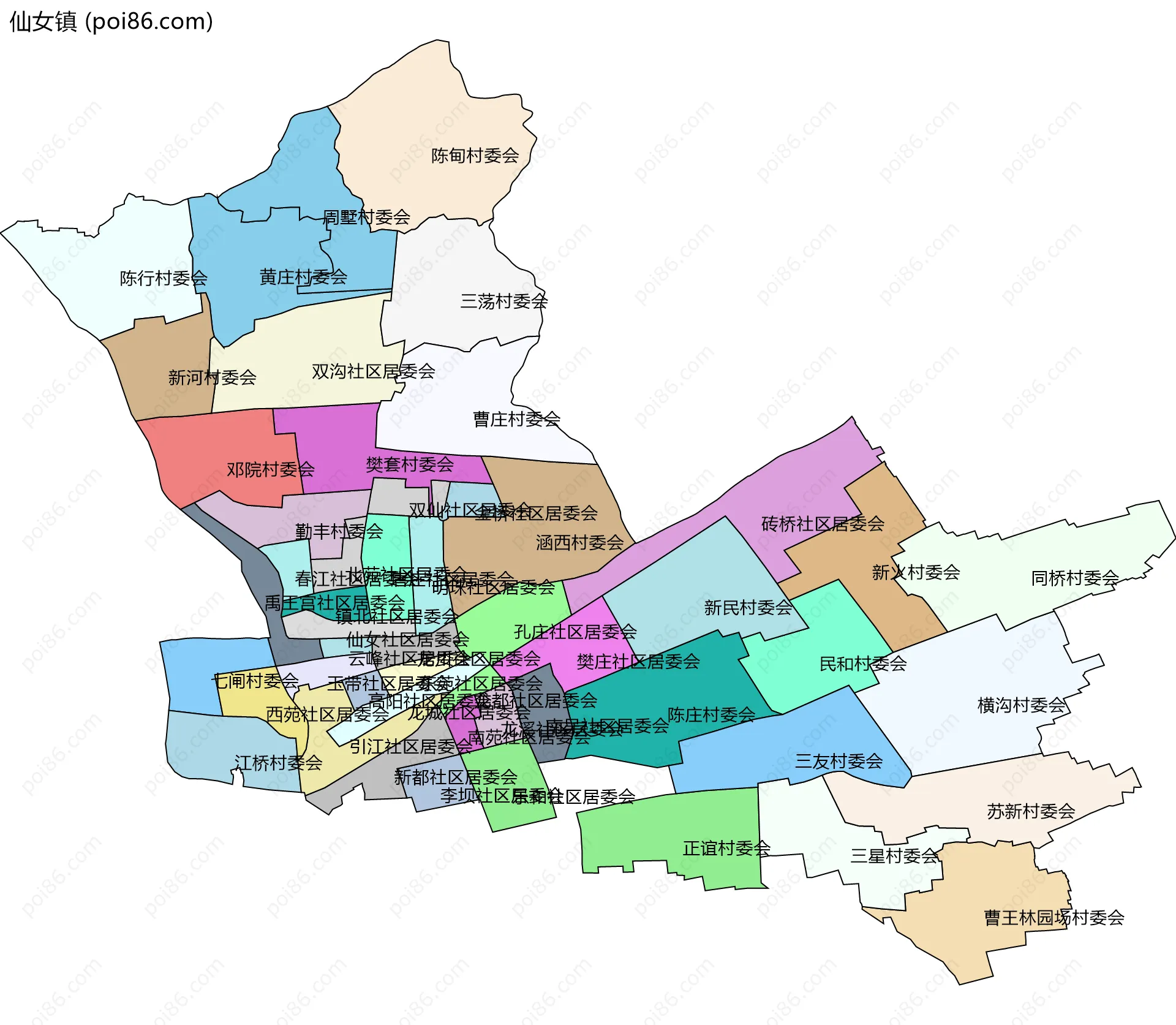 仙女镇边界地图(五级行政区划)