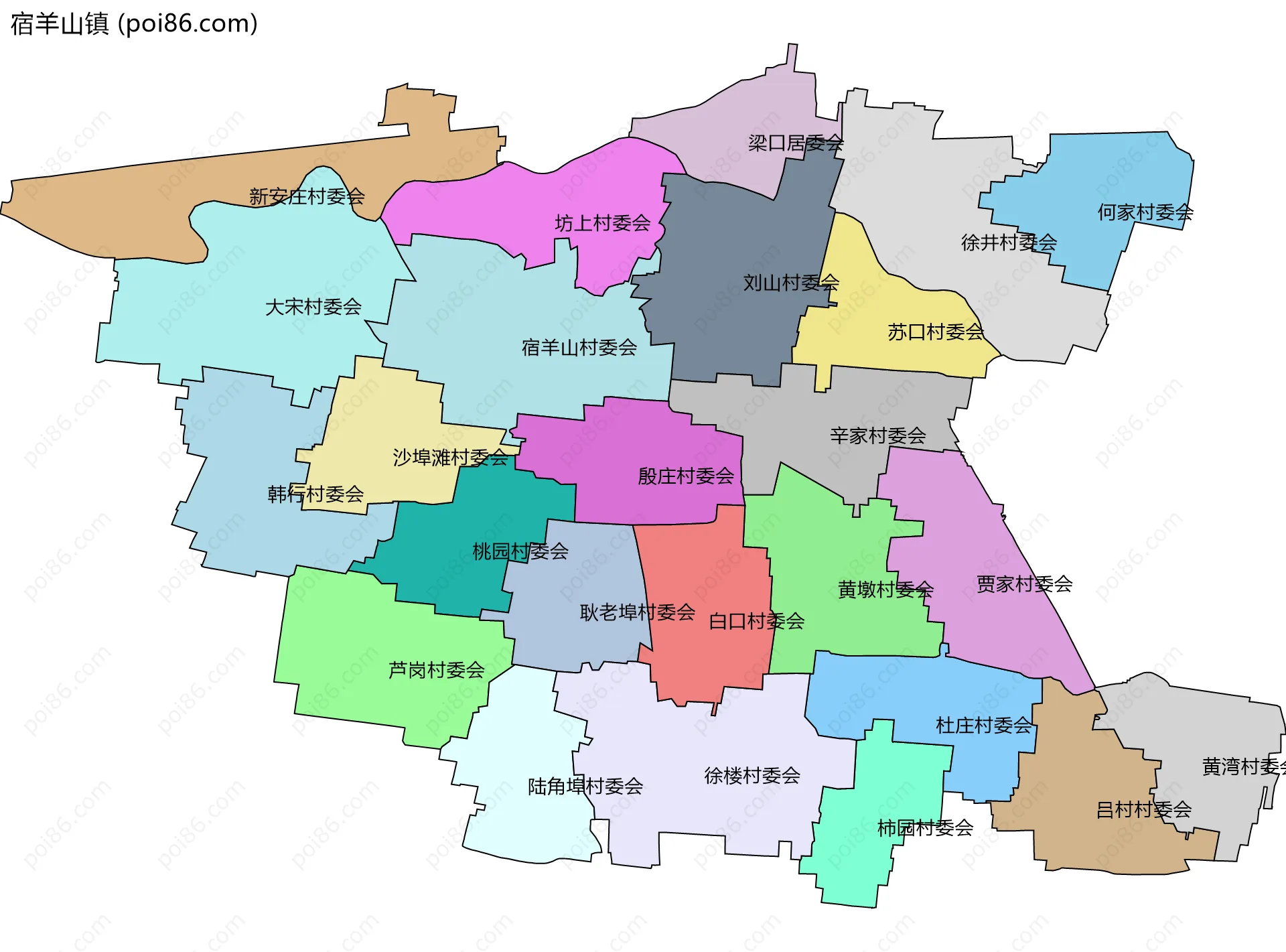 宿羊山镇边界地图(五级行政区划)