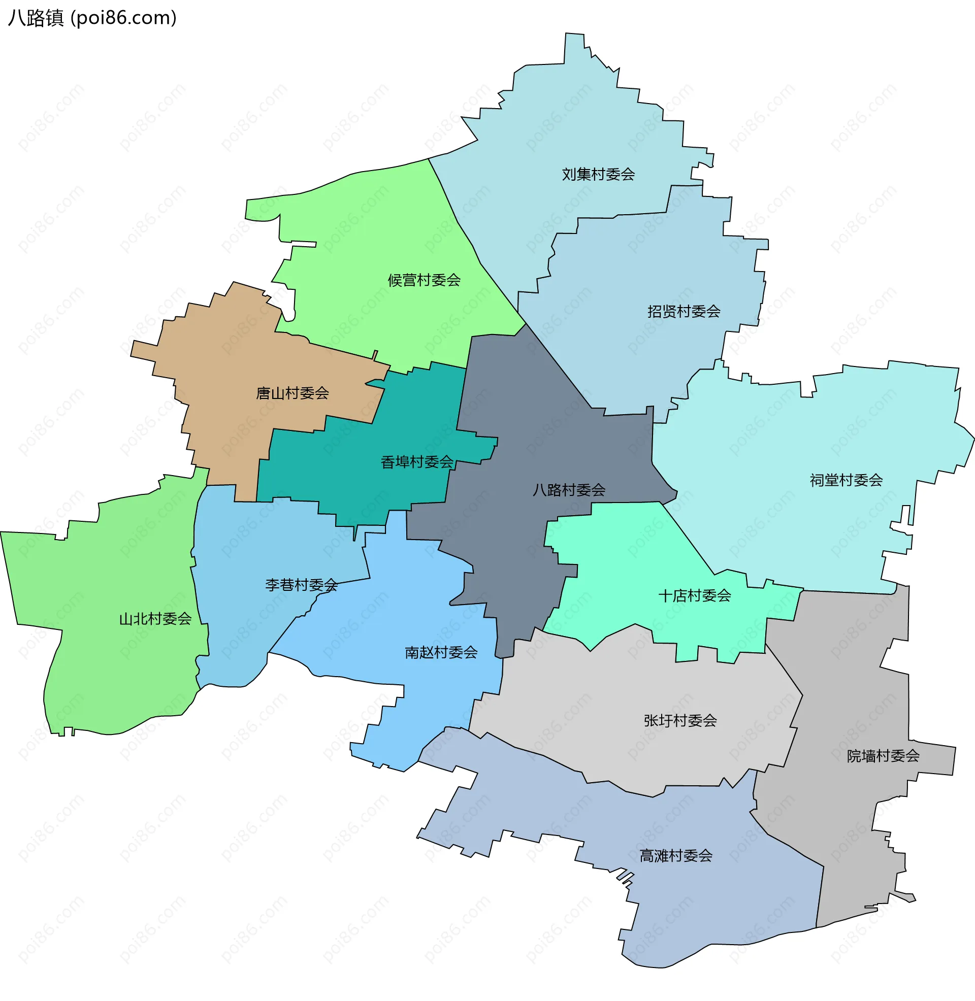 八路镇边界地图(五级行政区划)