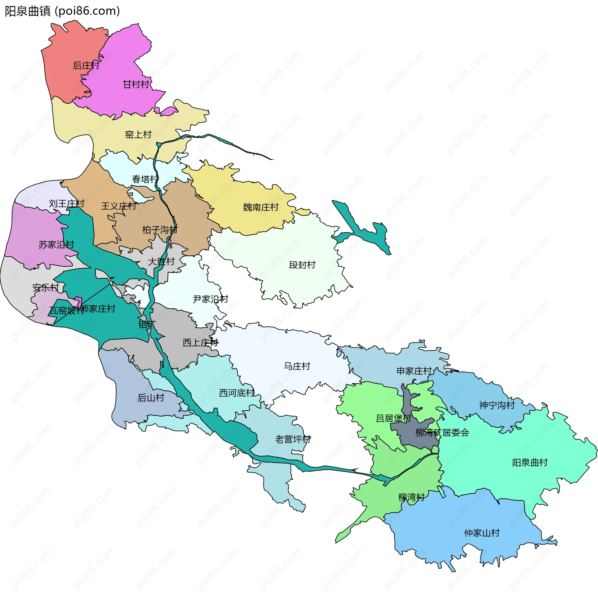 阳泉曲镇边界地图(五级行政区划)