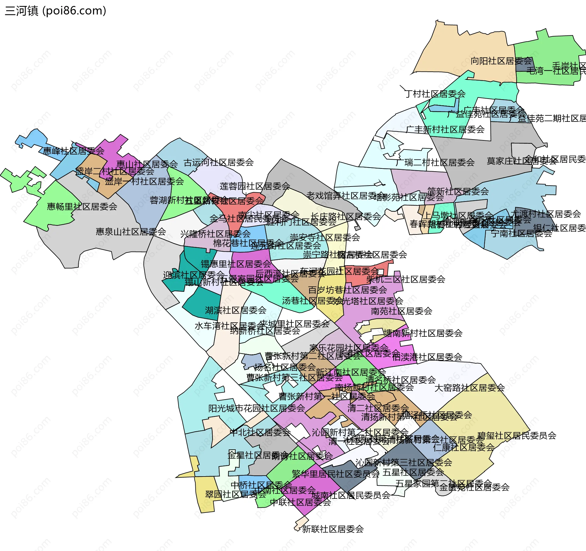 三河镇边界地图(五级行政区划)